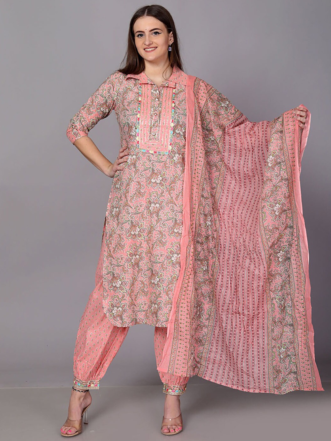

KALINI Ethnic Printed Shirt Collar Gotta Patti Pure Cotton Kurta with Trousers & Dupatta, Pink
