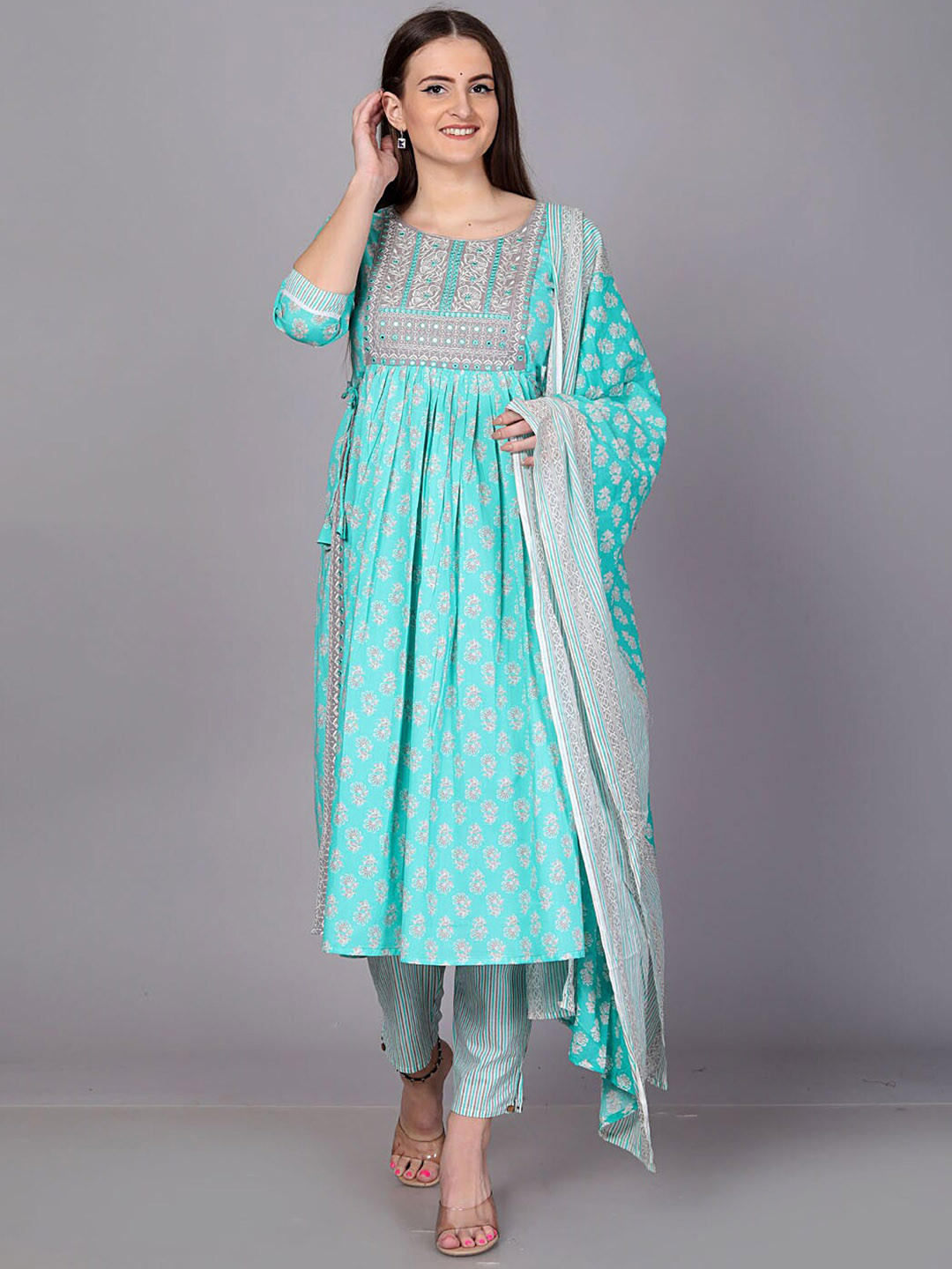 

KALINI Ethni Motifs Printed Thread Work Cotton Straight Kurta & Trousers With Dupatta, Blue
