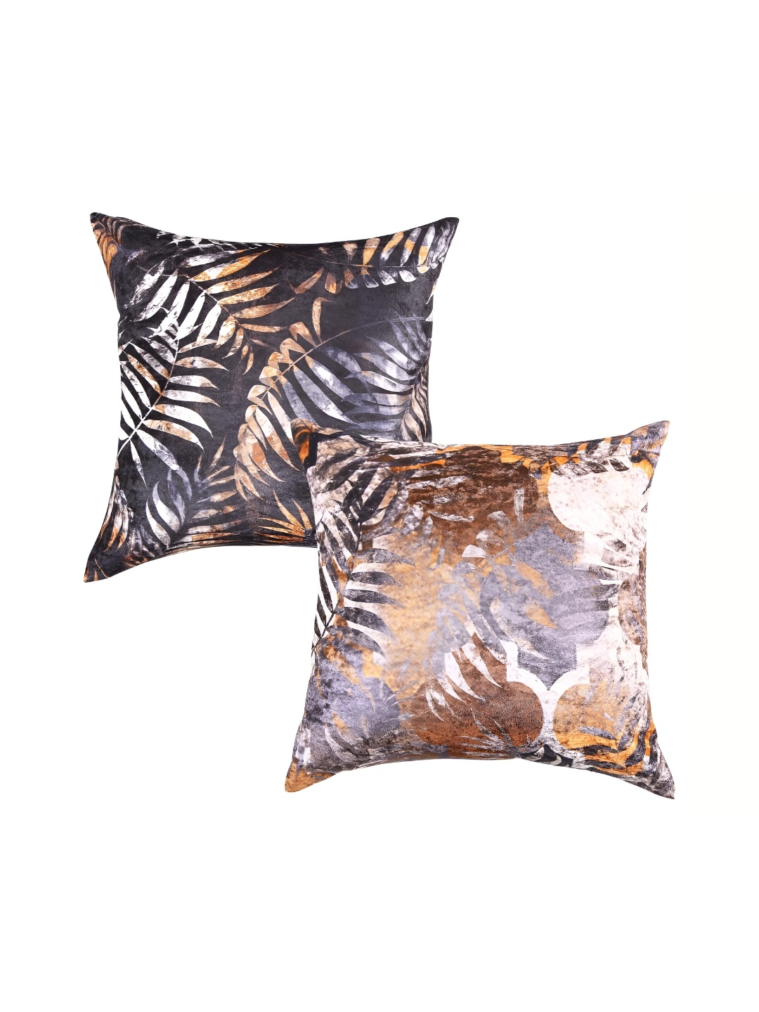 

CAZIMO Gold Toned & Grey 2 Pieces Tropical Printed Velvet Square Cushion Covers
