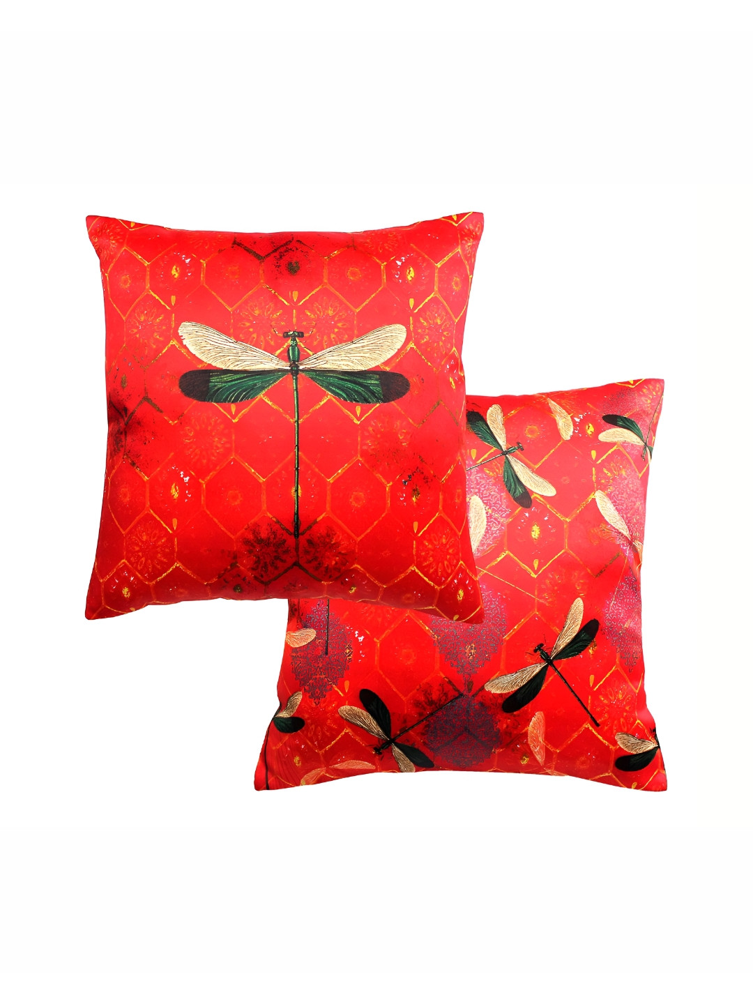 

CAZIMO Red & Gold Toned 2 Pieces Geometric Square Cushion Covers