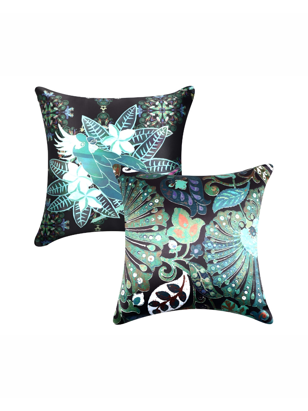 

CAZIMO Black & Green 2 Pieces Floral Vintage Satin Square Cushion Covers