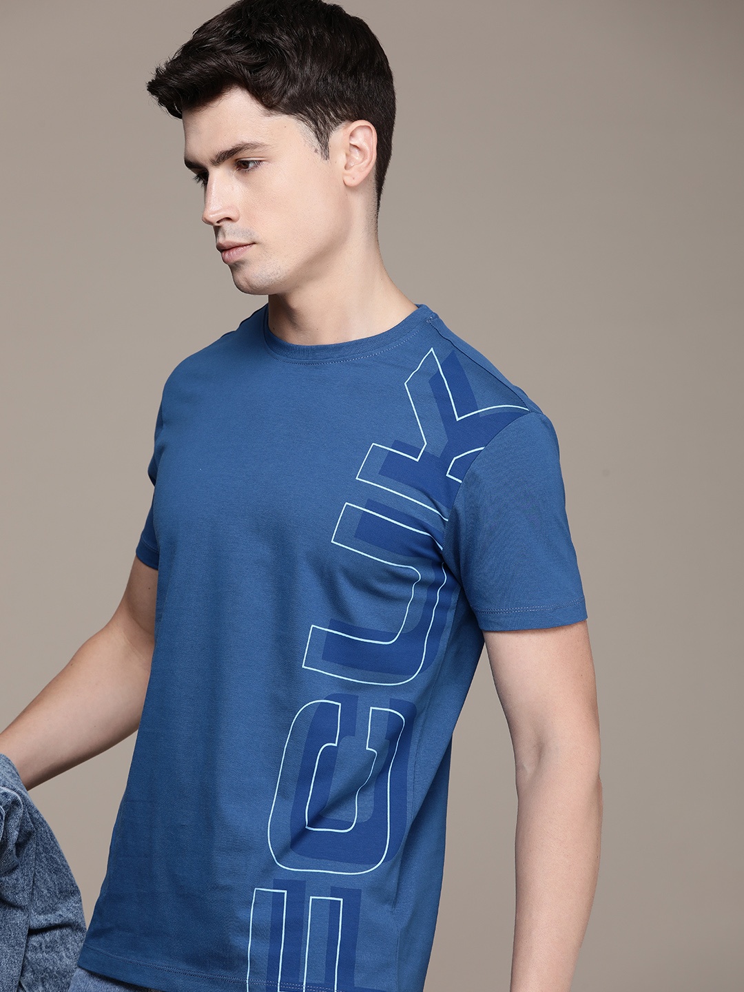 

FCUK Brand Logo Printed Drop-Shoulder Sleeves Pure Cotton T-shirt, Blue