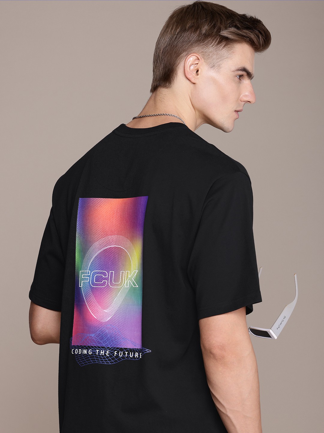 

FCUK Men Printed Pure Cotton Oversized T-shirt, Black