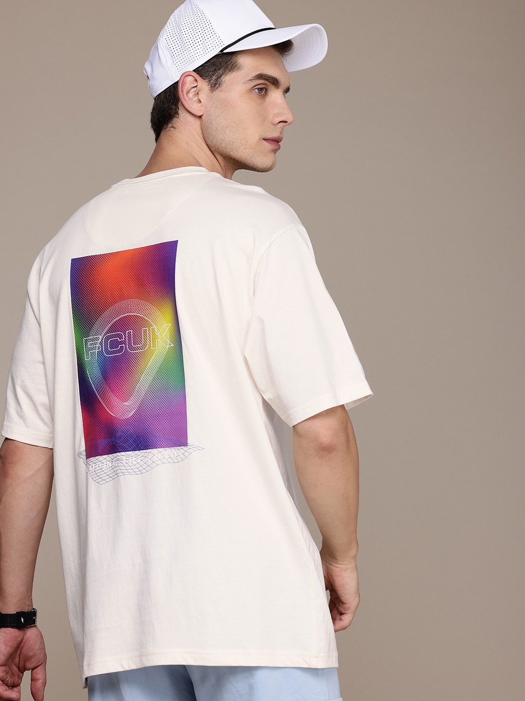

FCUK Pure Cotton Graphic Printed Drop-Shoulder Sleeves Oversized T-shirt, Cream