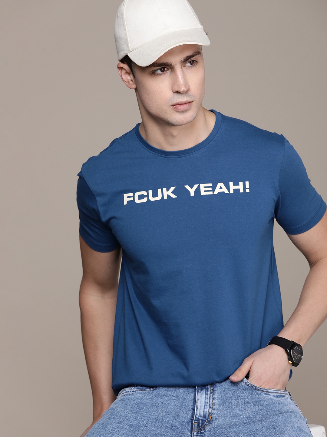 

FCUK Brand Logo Printed Pure Cotton Oversized T-shirt, Blue