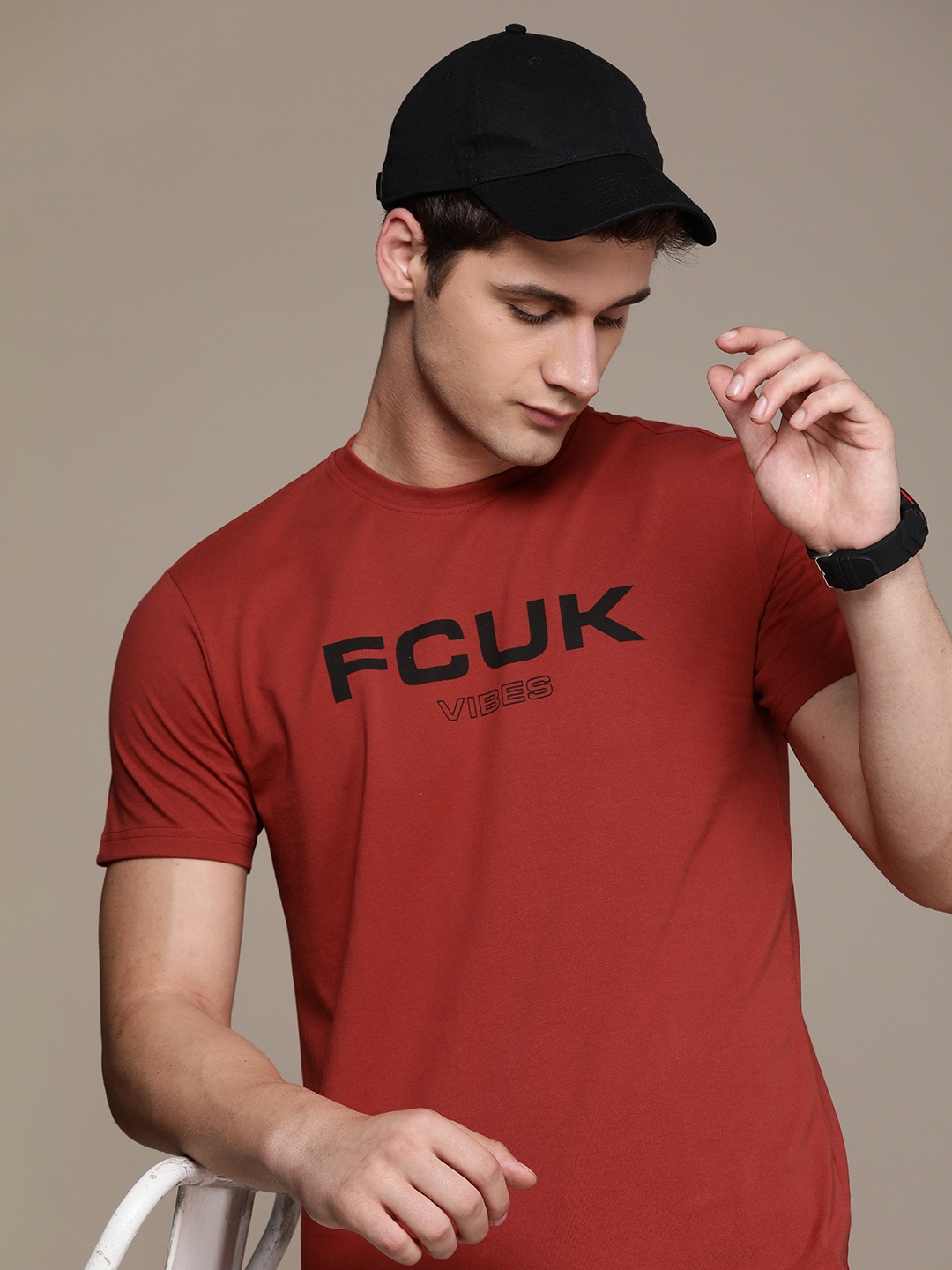 

FCUK Men Brand Logo Printed Pure Cotton Oversized T-shirt, Rust