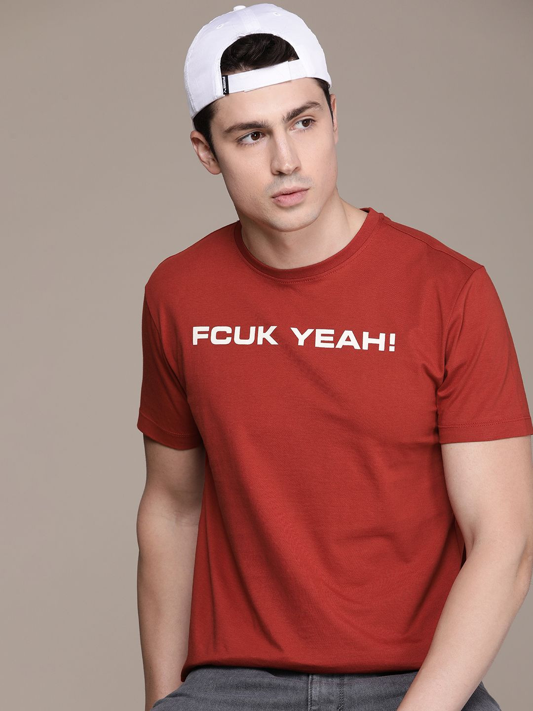 

FCUK Men Brand Logo Printed Pure Cotton Oversized T-shirt, Rust