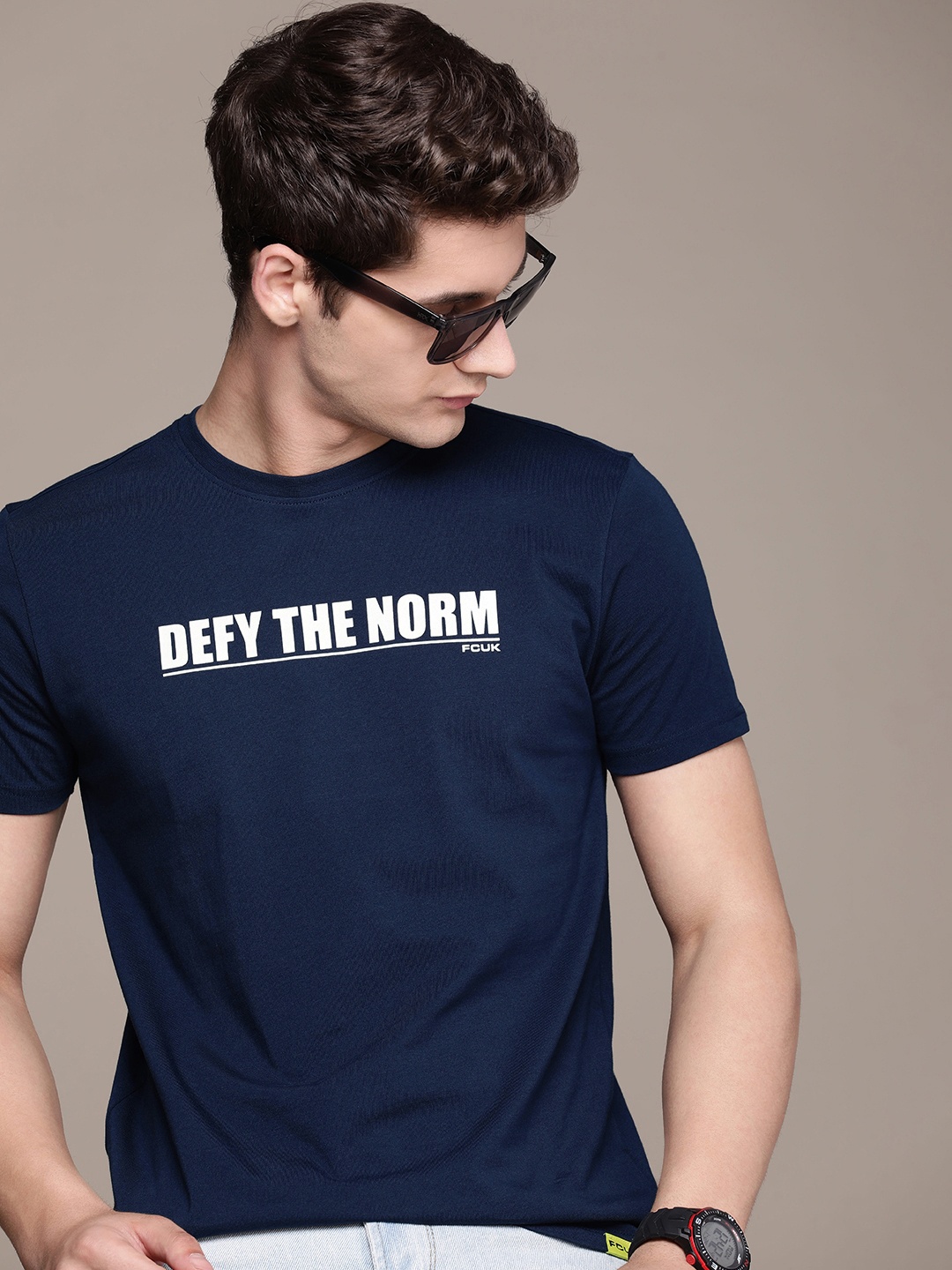 

FCUK Typography Printed Pure Cotton Oversized T-shirt, Navy blue