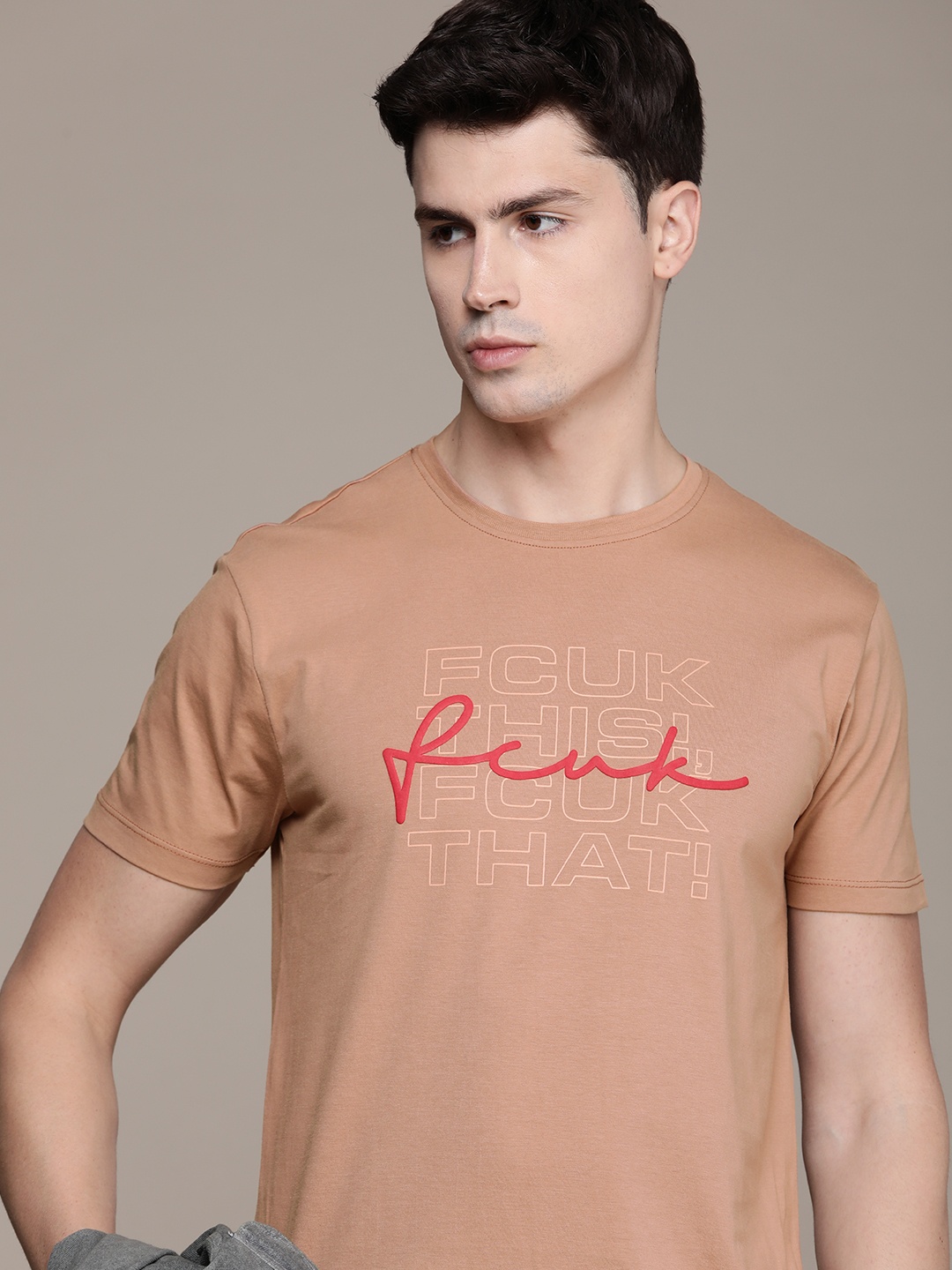 

FCUK Brand Logo Printed Pure Cotton Applique Oversized T-shirt, Brown
