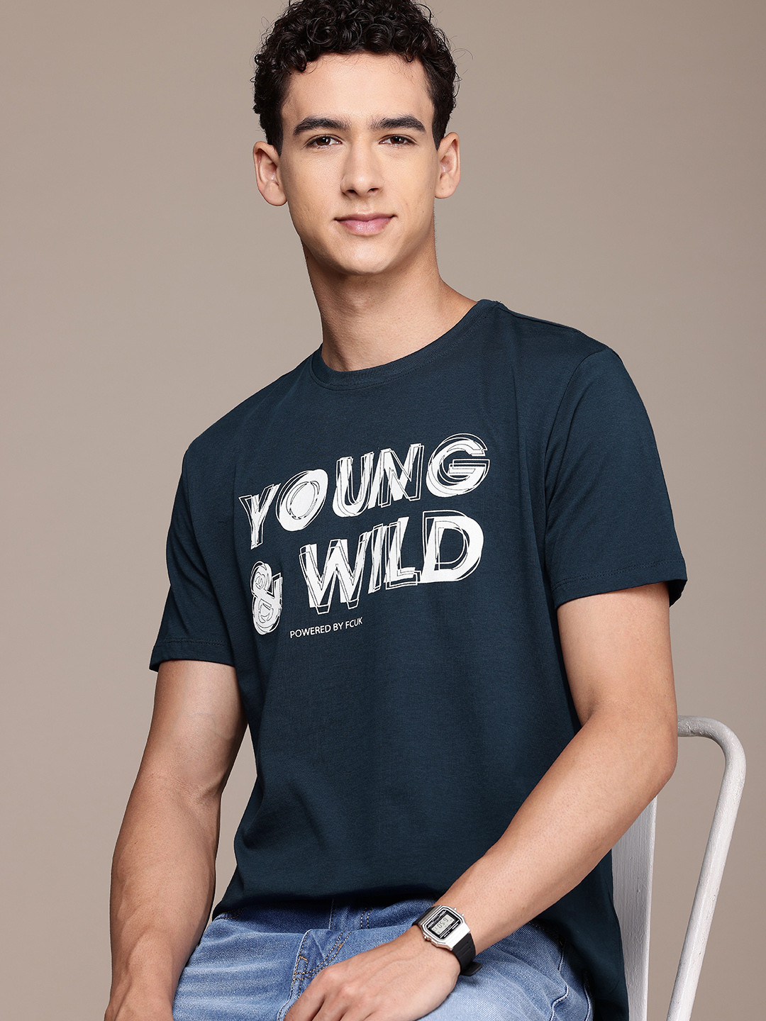 

FCUK Printed Pure Cotton Oversized T-shirt, Navy blue