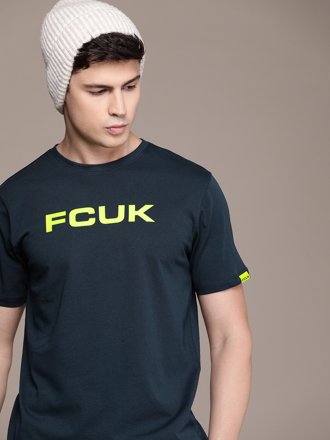 

FCUK Pure Cotton Brand Logo Printed Oversized T-shirt, Navy blue