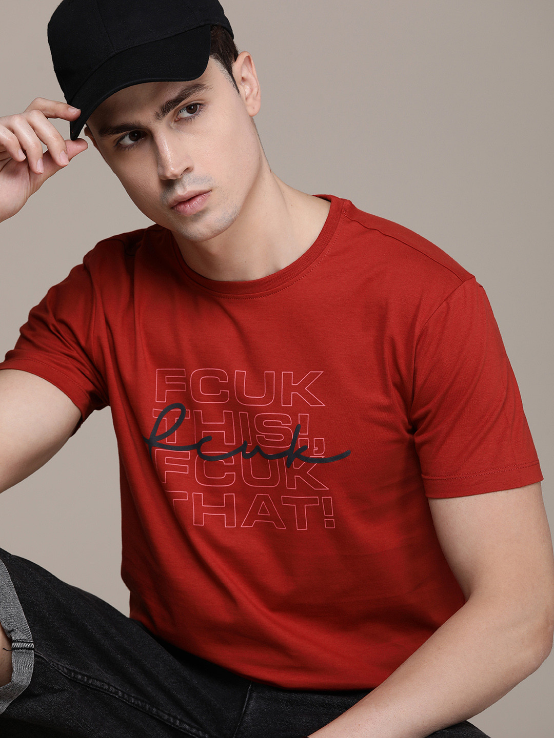 

FCUK Typography Printed Pure Cotton Applique Oversized T-shirt, Red