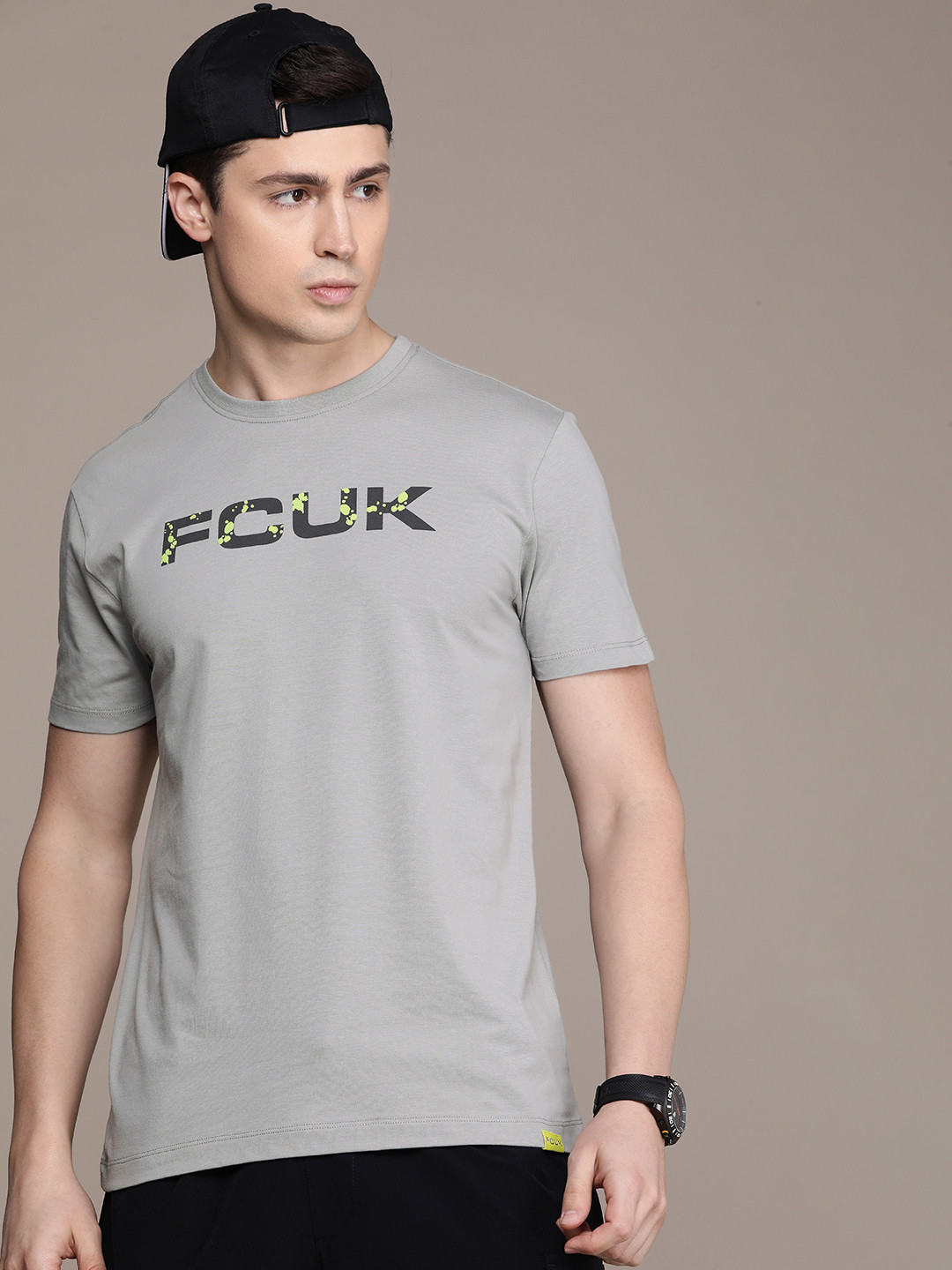 

FCUK Brand Logo Printed Pure Cotton Oversized T-shirt, Grey