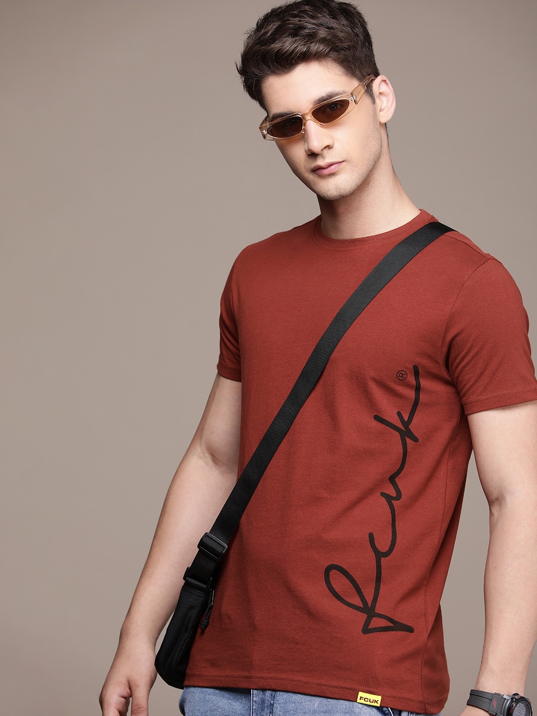 

FCUK Pure Cotton Brand Logo Printed Casual T-shirt, Rust