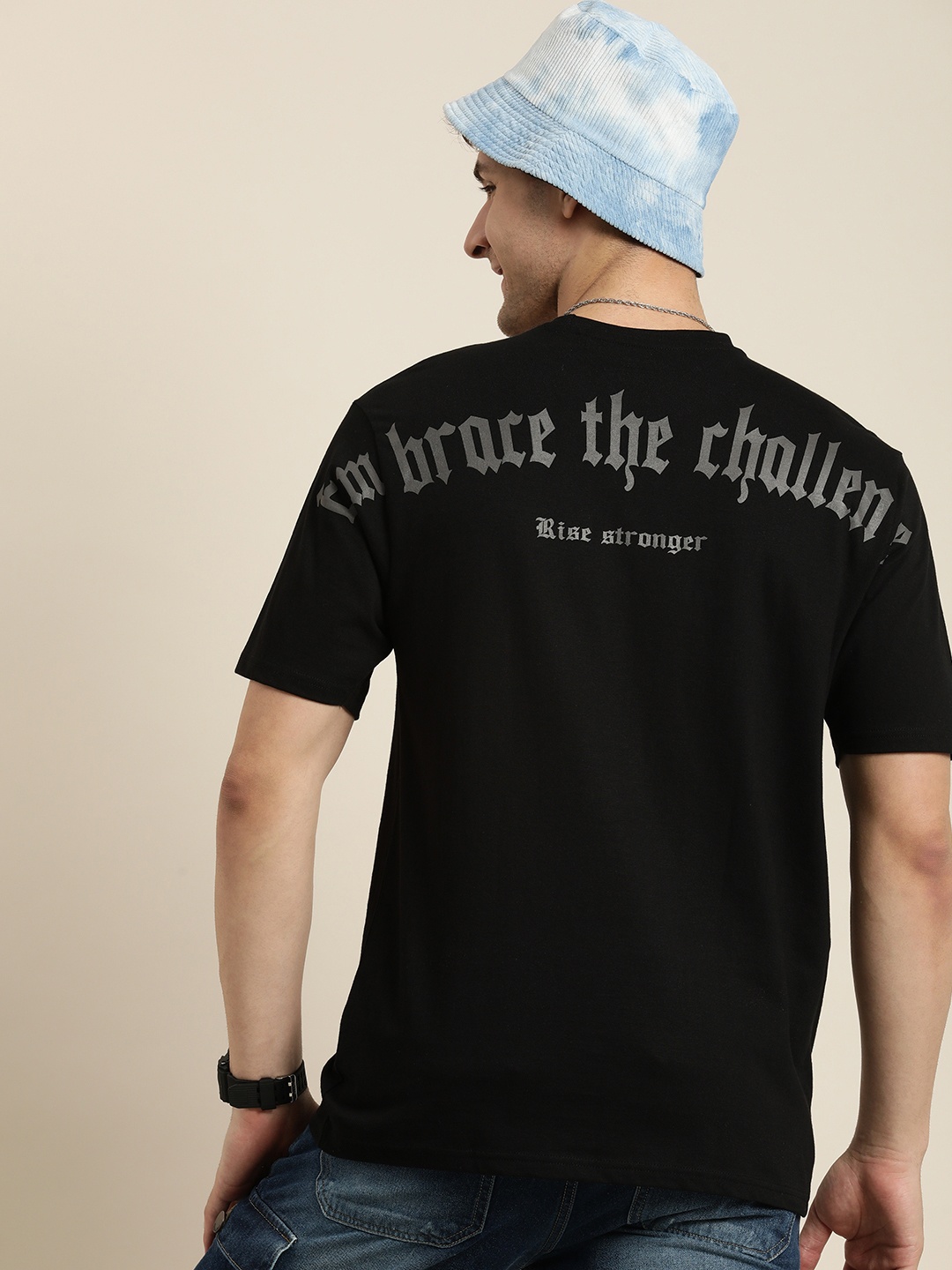 

HERE&NOW Typography Printed Drop-Shoulder Sleeves Pure Cotton T-shirt, Black