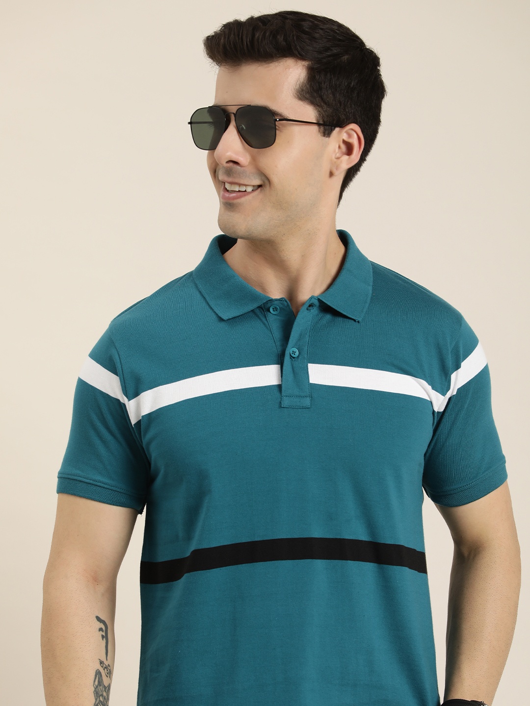 

HERE&NOW Men Multi Or Variegated Stripes Polo Collar Knitted T-shirt, Teal