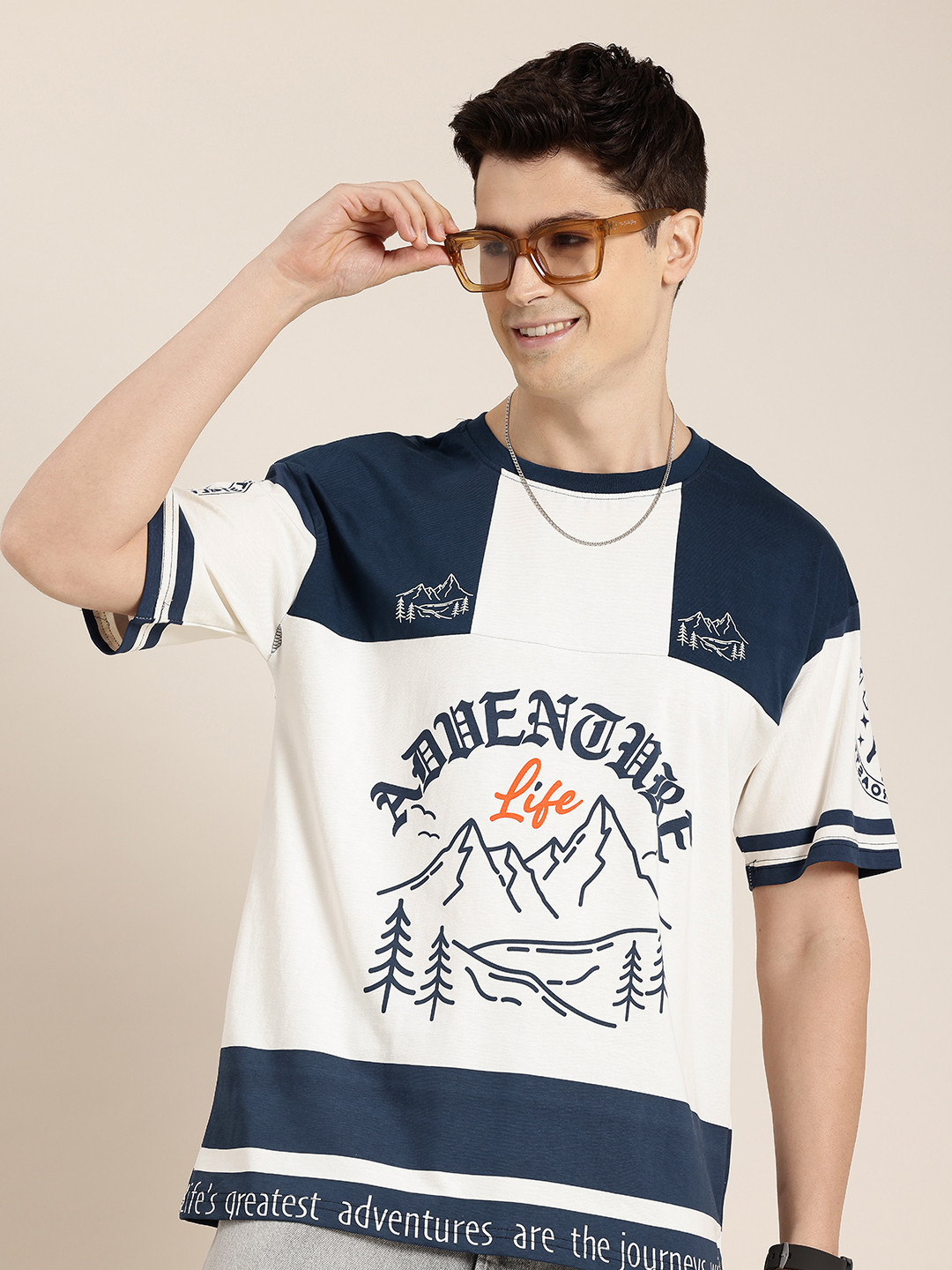 

HERE&NOW Typography Printed Drop-Shoulder Sleeves Pure Cotton T-shirt, White