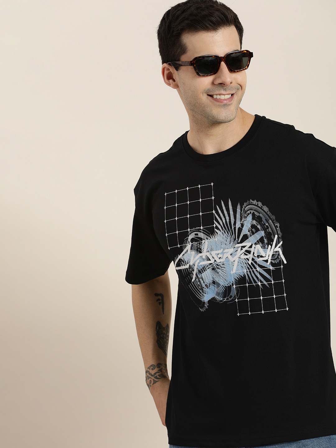 

HERE&NOW Printed Drop-Shoulder Sleeves Pure Cotton T-shirt, Black