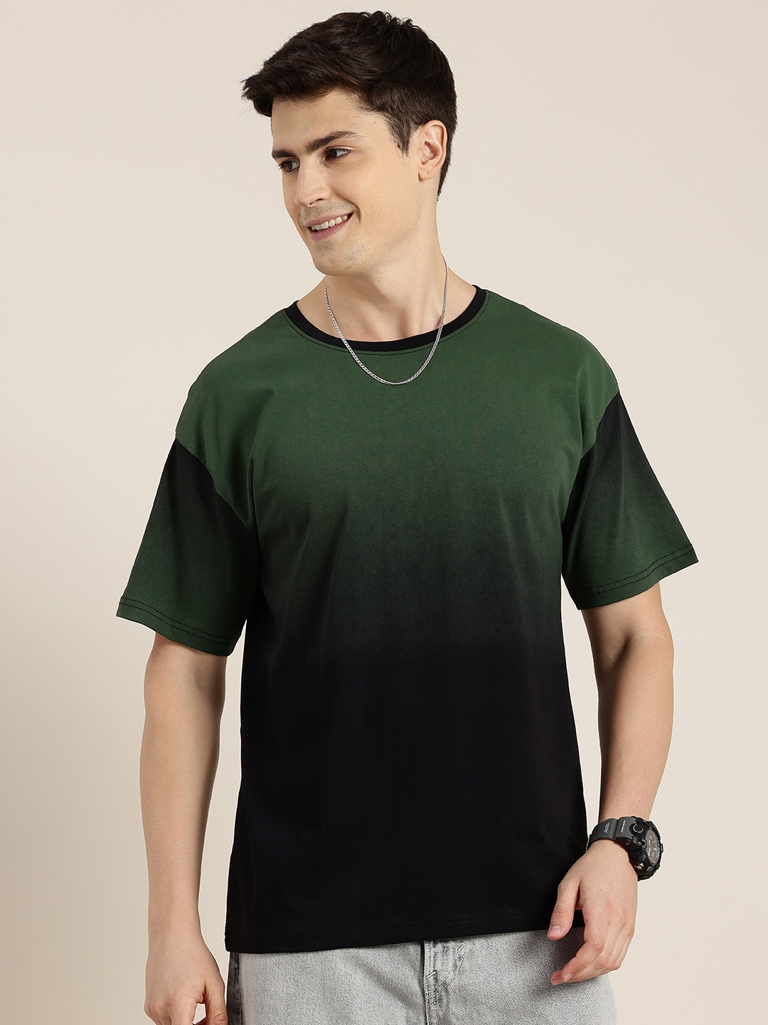 

HERE&NOW Tie and Dye Dyed Drop-Shoulder Sleeves Pure Cotton T-shirt, Green