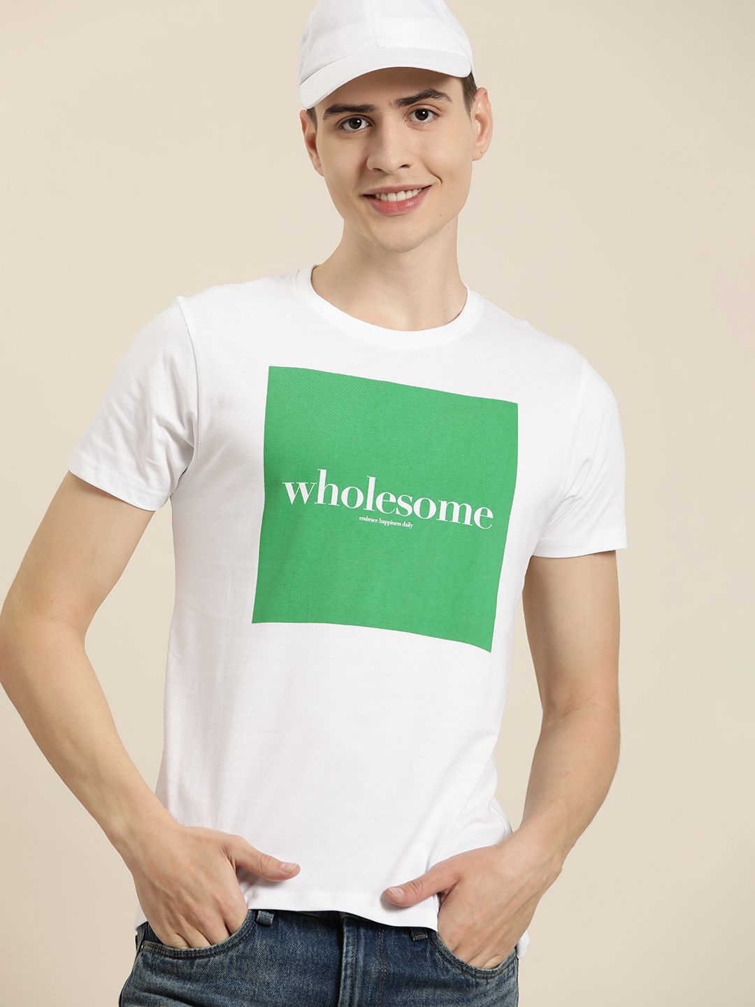 HERE&NOW Men Typography Printed Pure Cotton T-shirt, White