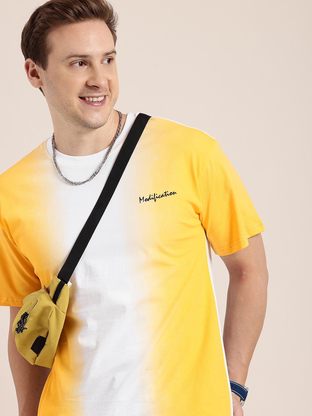 

HERE&NOW Colourblocked Drop-Shoulder Sleeves Pure Cotton T-shirt, Yellow