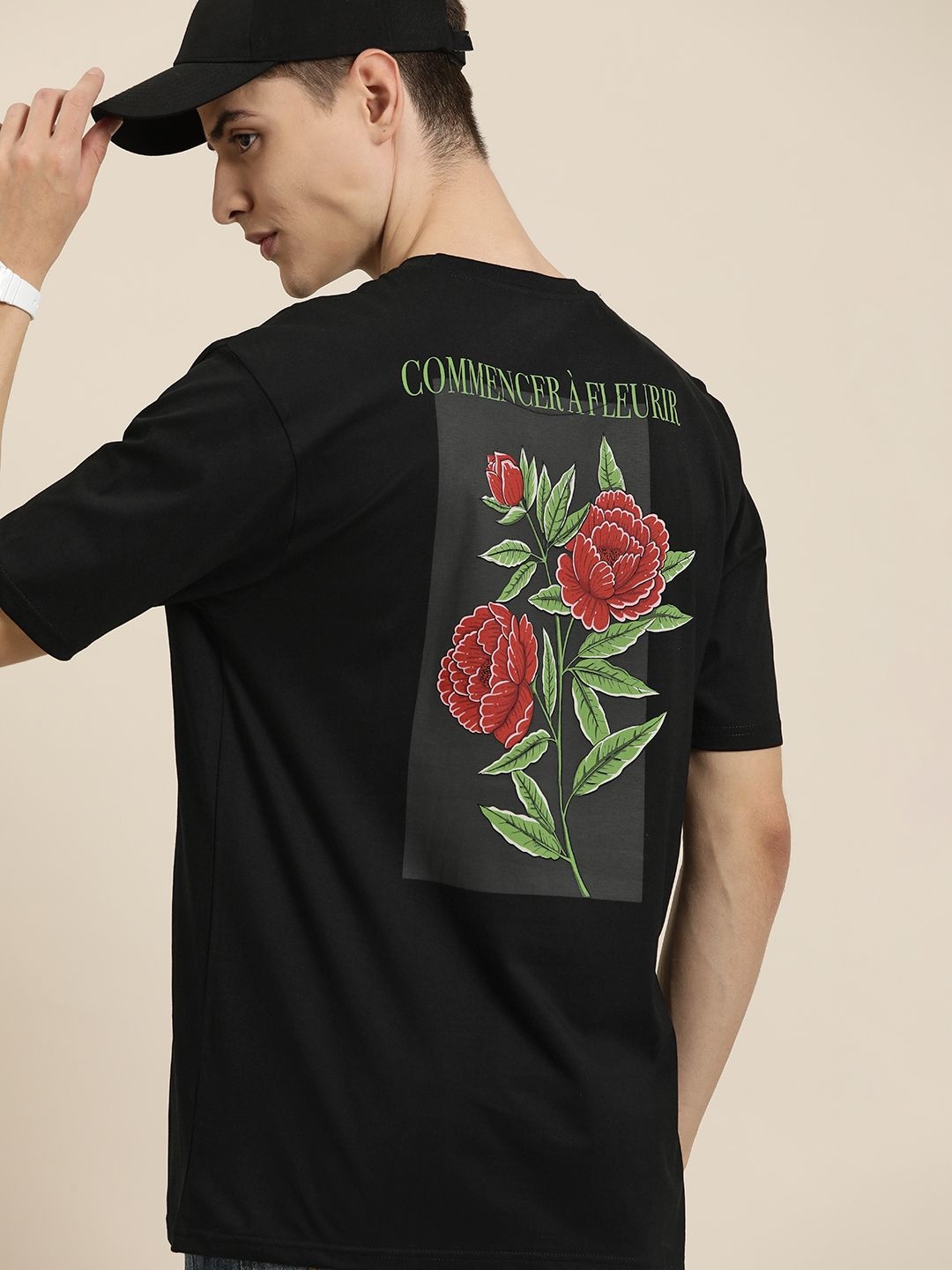 

HERE&NOW Men Floral Printed Pure Cotton T-shirt, Black