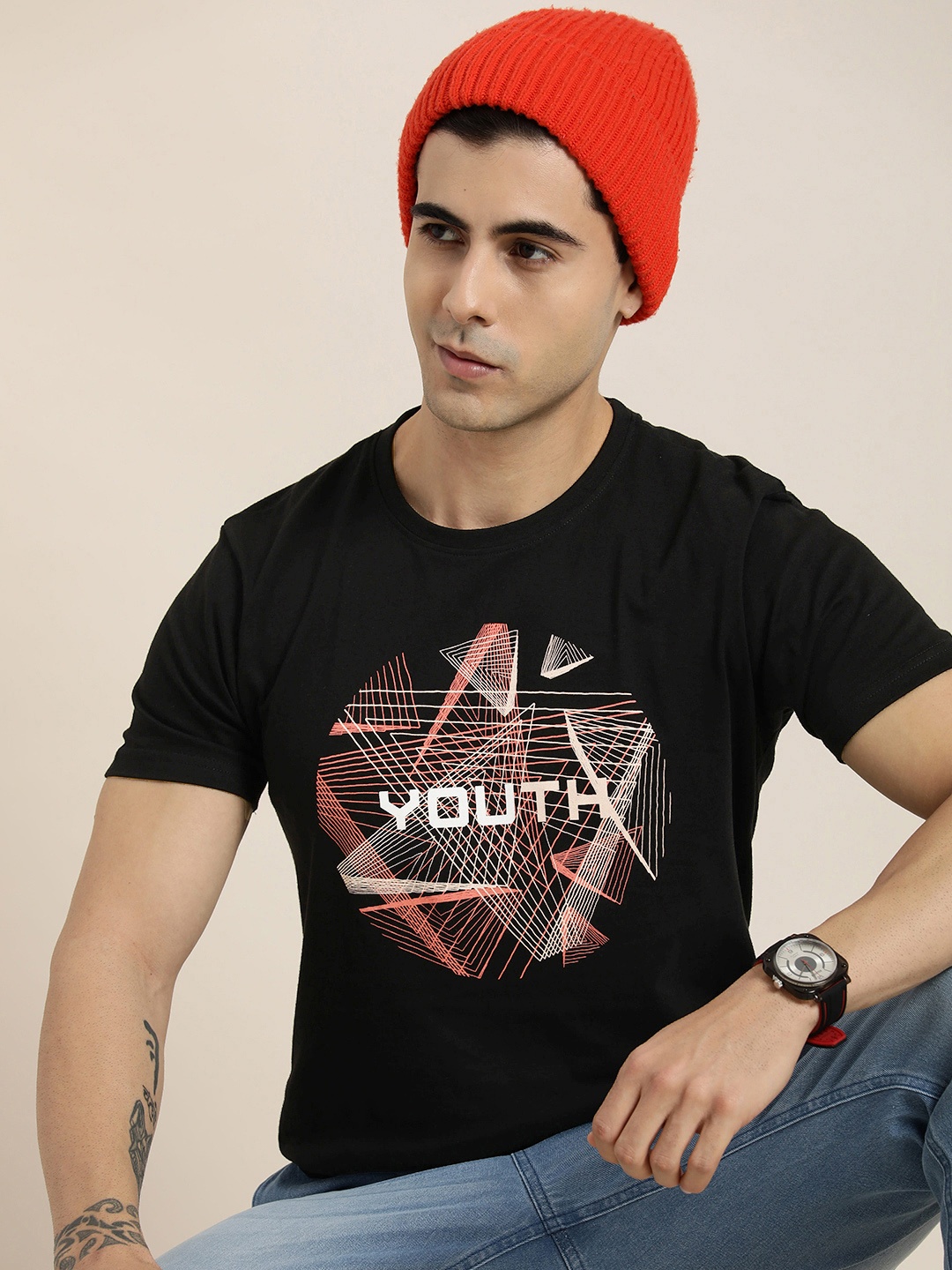 

HERE&NOW Graphic Printed Pure Cotton T-shirt, Black