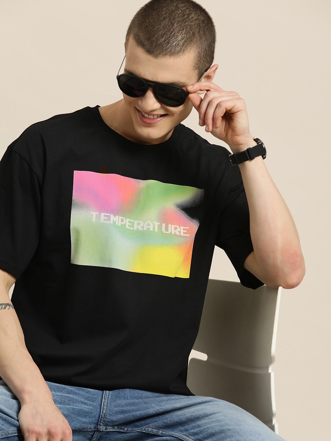 

HERE&NOW Printed Pure Cotton T-shirt, Black