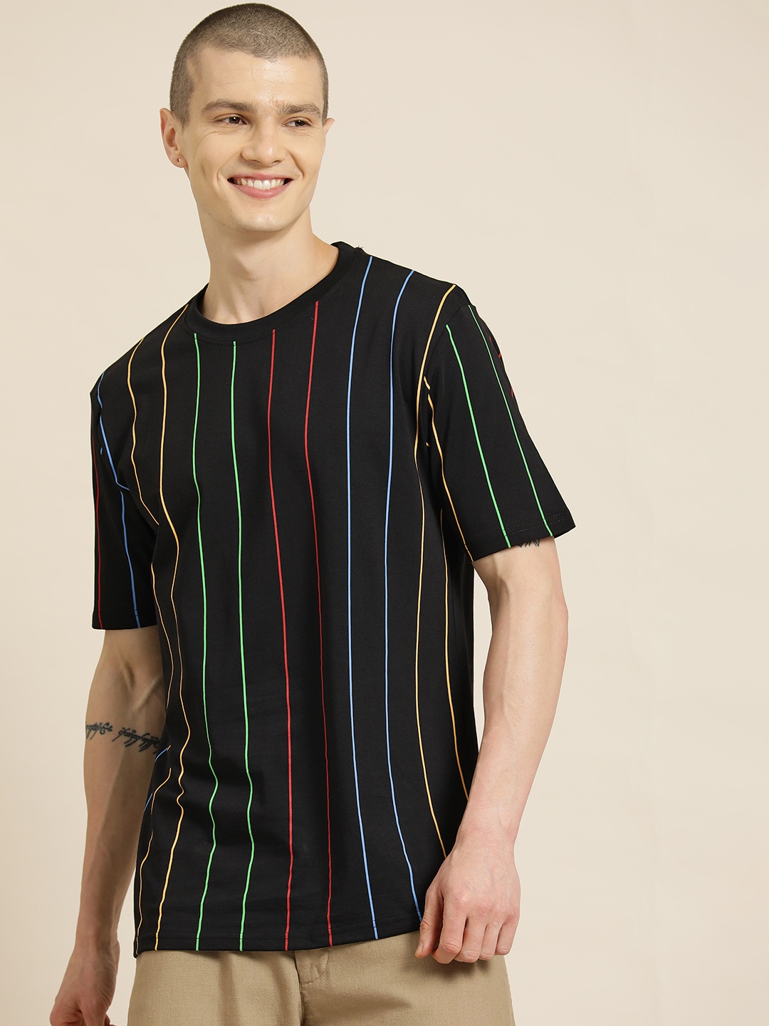 

HERE&NOW Striped Pure Cotton T-shirt, Black