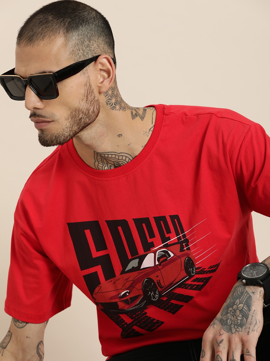

HERE&NOW Printed Drop-Shoulder Sleeves Pure Cotton T-shirt, Red