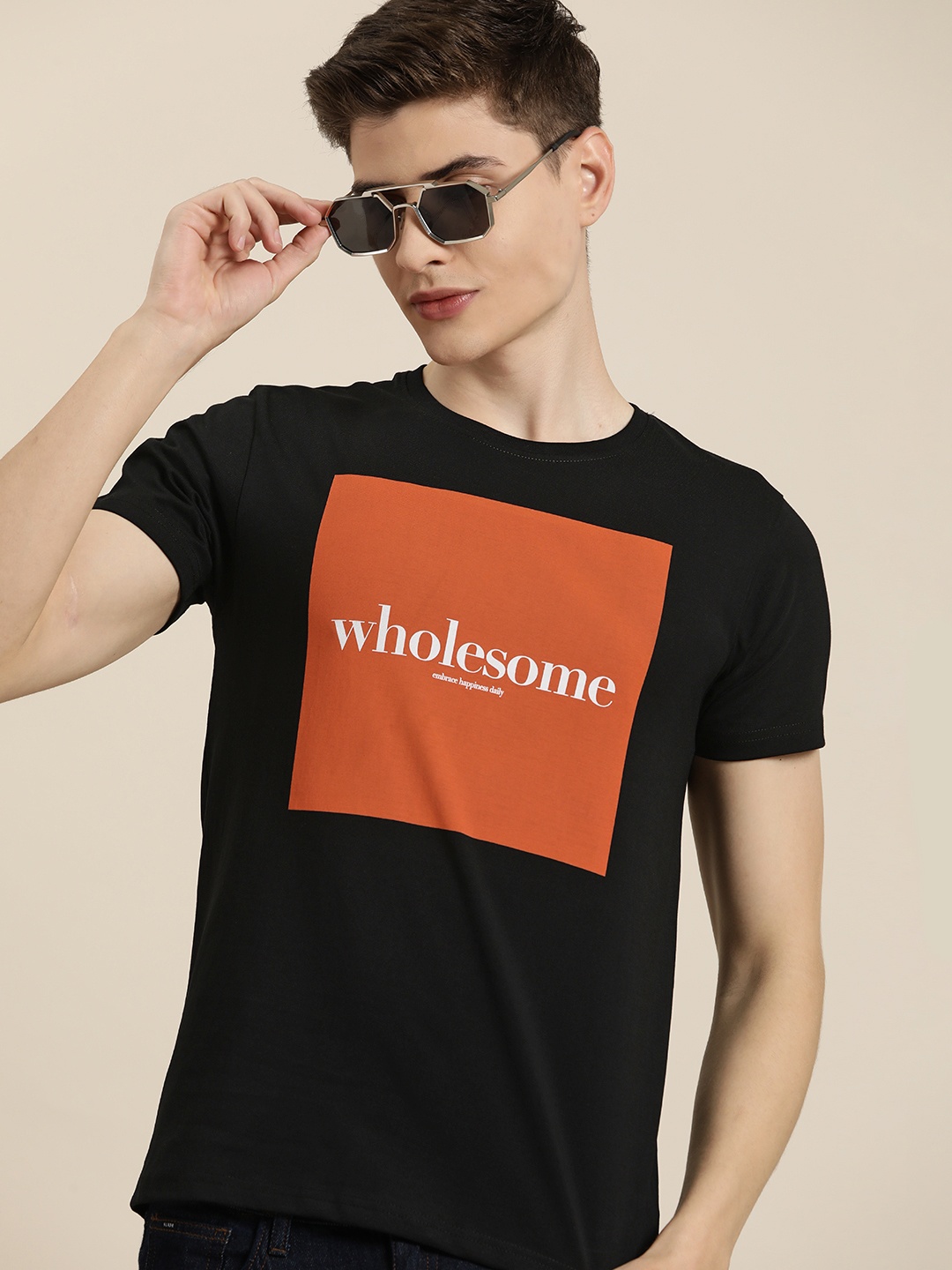 

HERE&NOW Men Typography Printed Pure Cotton T-shirt, Black