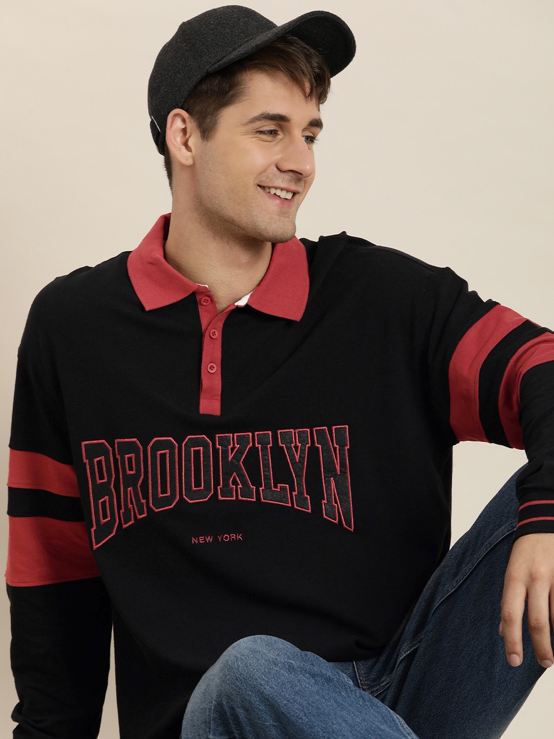 

HERE&NOW Typography Embroidered Polo Collar Drop-Shoulder Sleeves Pure Cotton T-shirt, Black