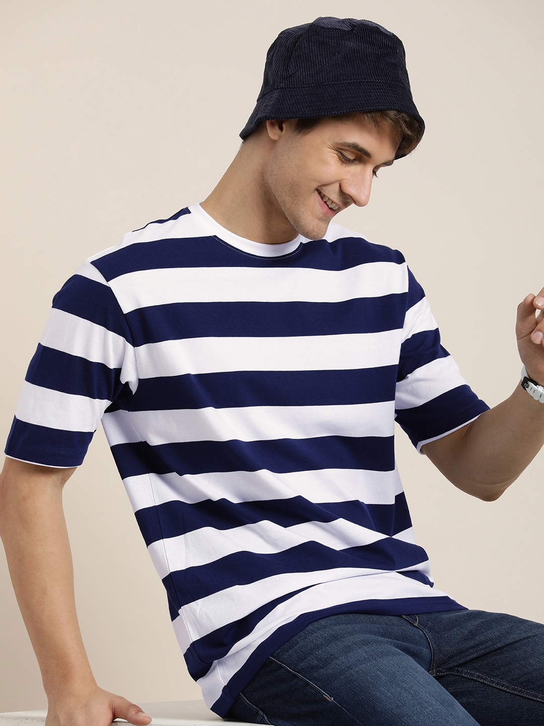 

HERE&NOW Striped Pure Cotton T-shirt, Navy blue