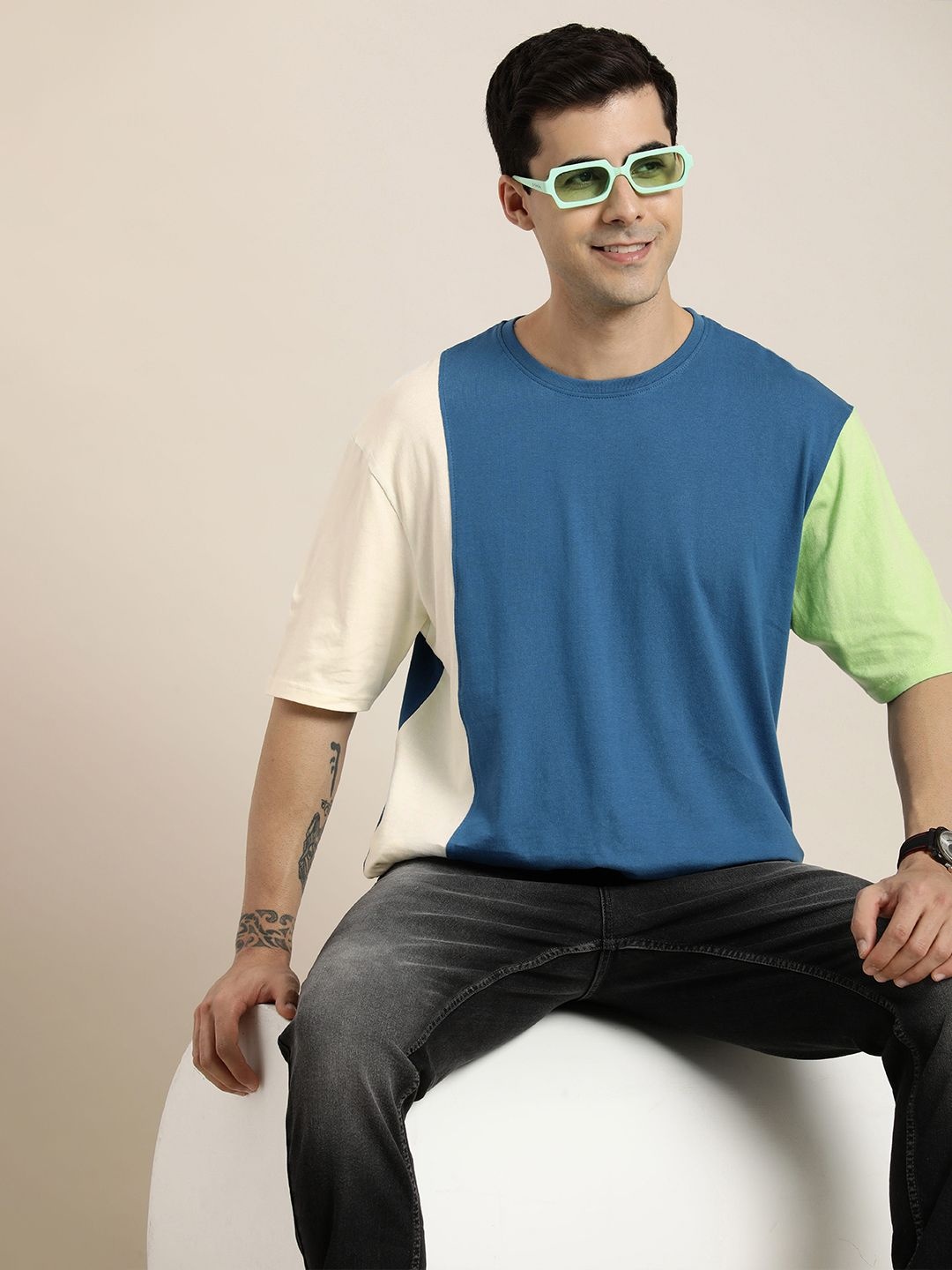 

HERE&NOW Colourblocked Drop-Shoulder Sleeves Pure Cotton T-shirt, Blue