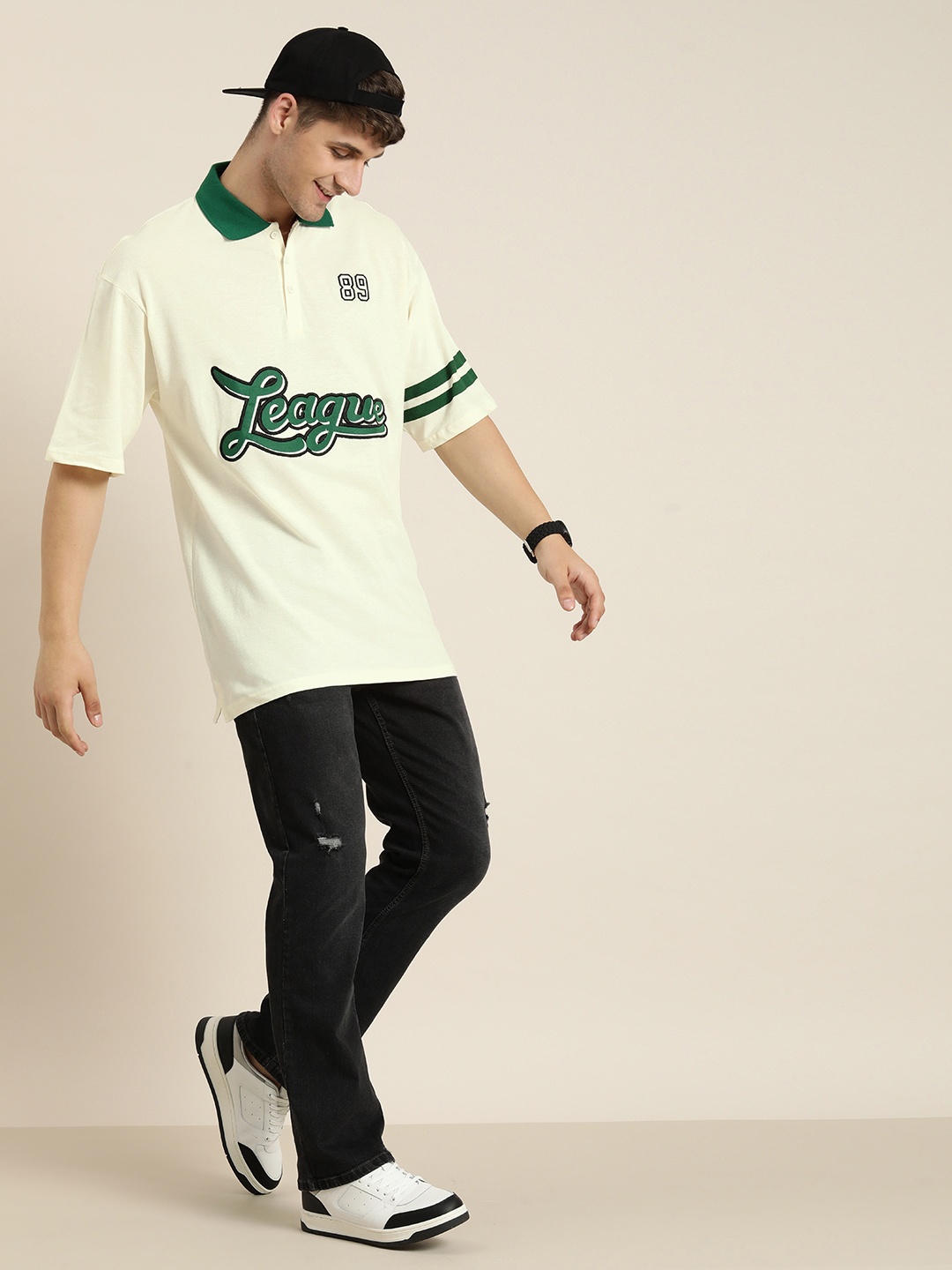 

HERE&NOW Men Typography Printed Polo Collar Pure Cotton Oversized T-shirt, Cream
