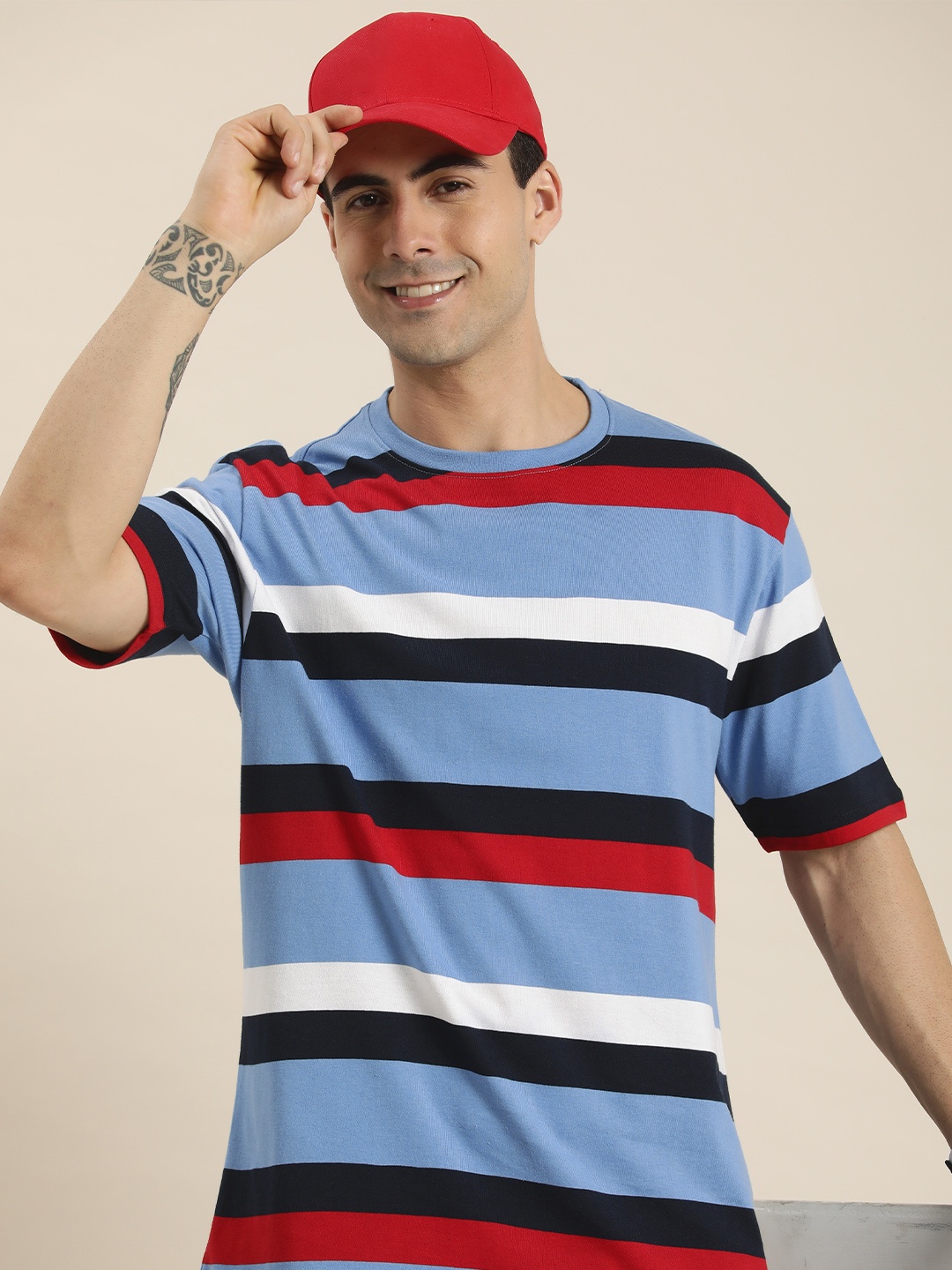 

HERE&NOW Men Multi Or Variegated Stripes Round Neck Knitted T-shirt, Blue