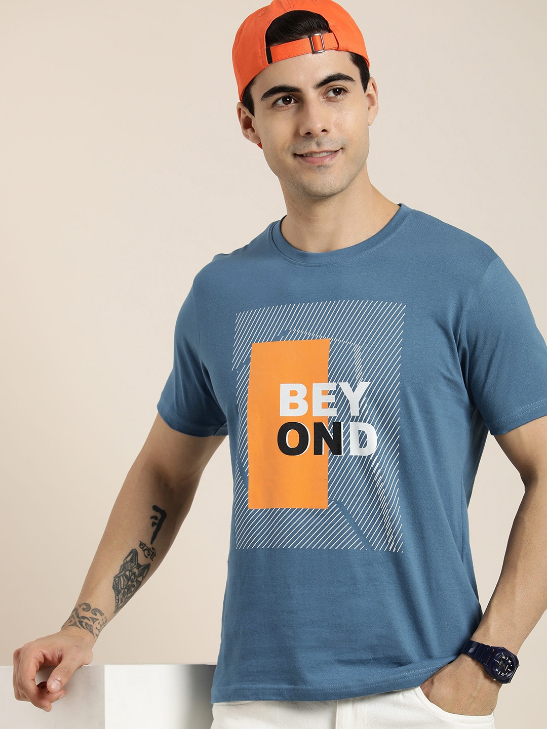 

HERE&NOW Graphic Printed Pure Cotton T-shirt, Blue