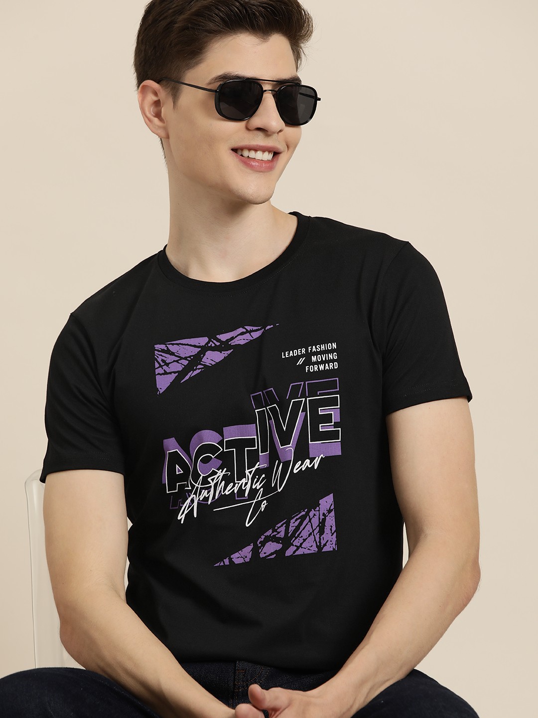 

HERE&NOW Men Typography Printed Pure Cotton T-shirt, Black