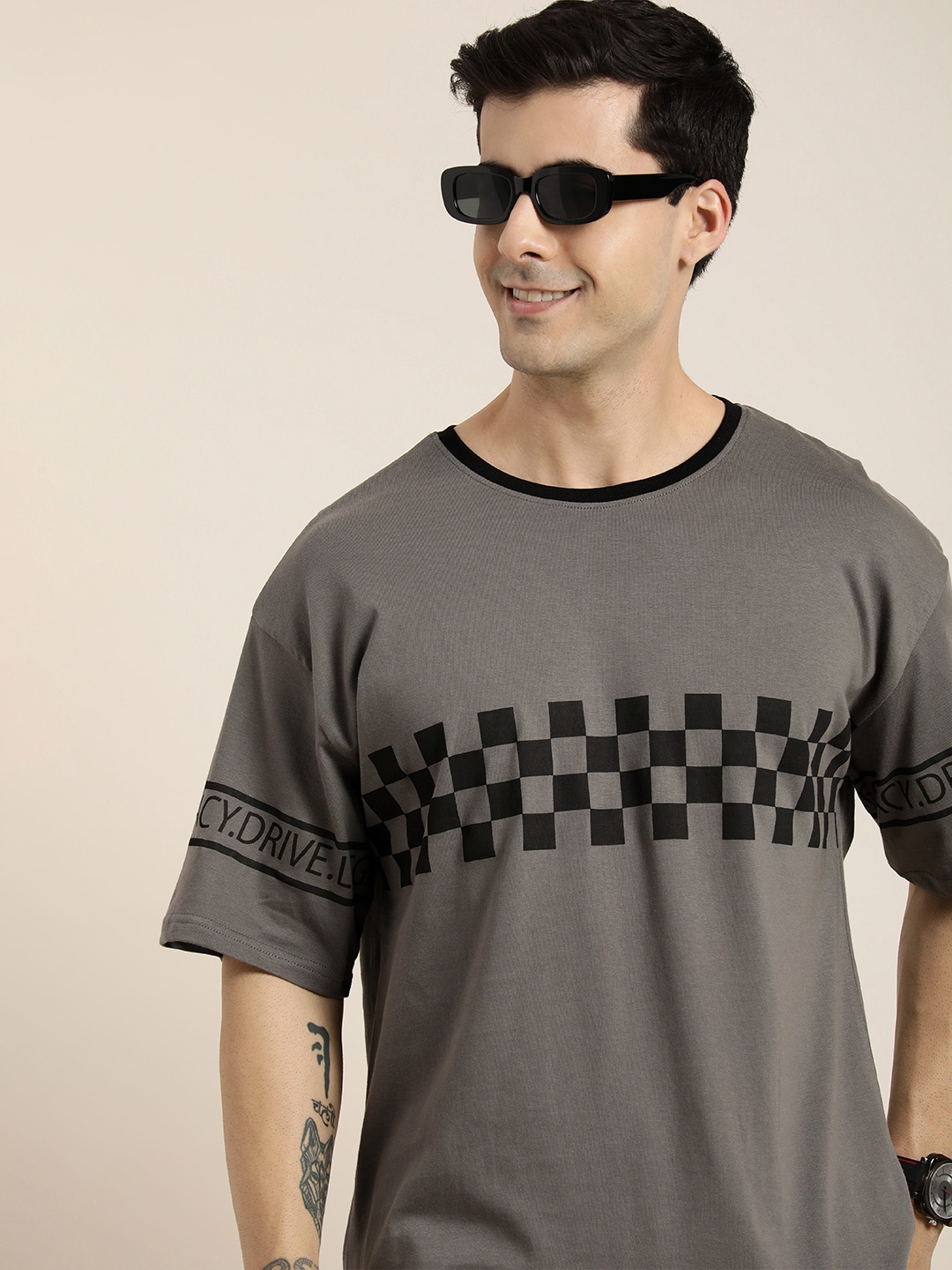 

HERE&NOW Pure Cotton Graphic Printed Drop-Shoulder Sleeves T-shirt, Grey