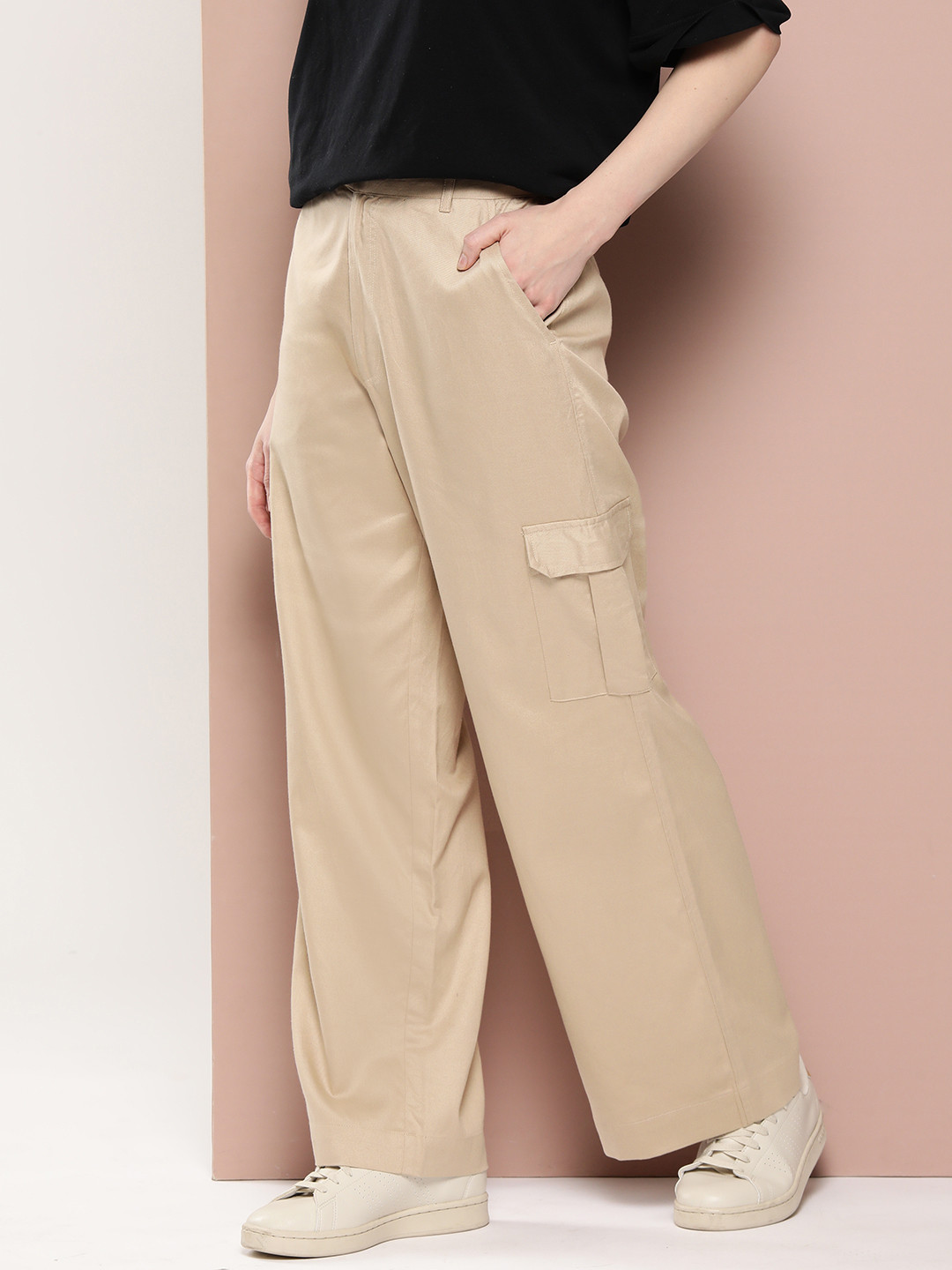 

Harvard Women Pure Cotton Flared Parallel Trousers, Beige