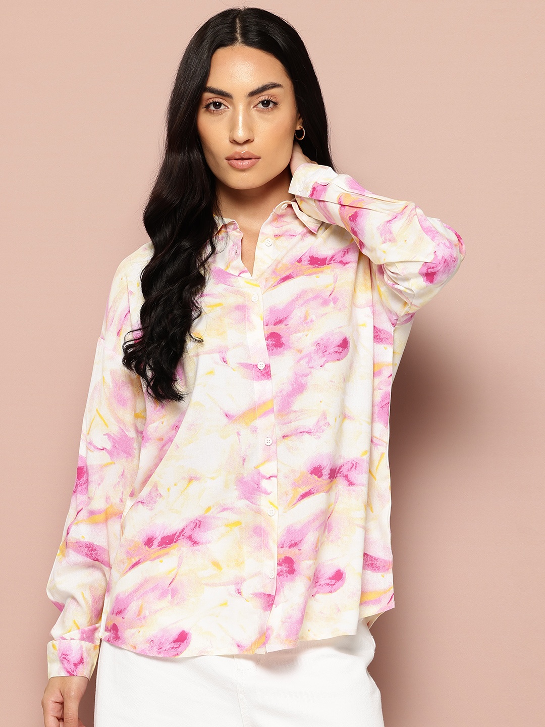 

Harvard Women Opaque Abstract PrintedDrop-Shoulder Sleeves Longline Casual Shirt, Yellow