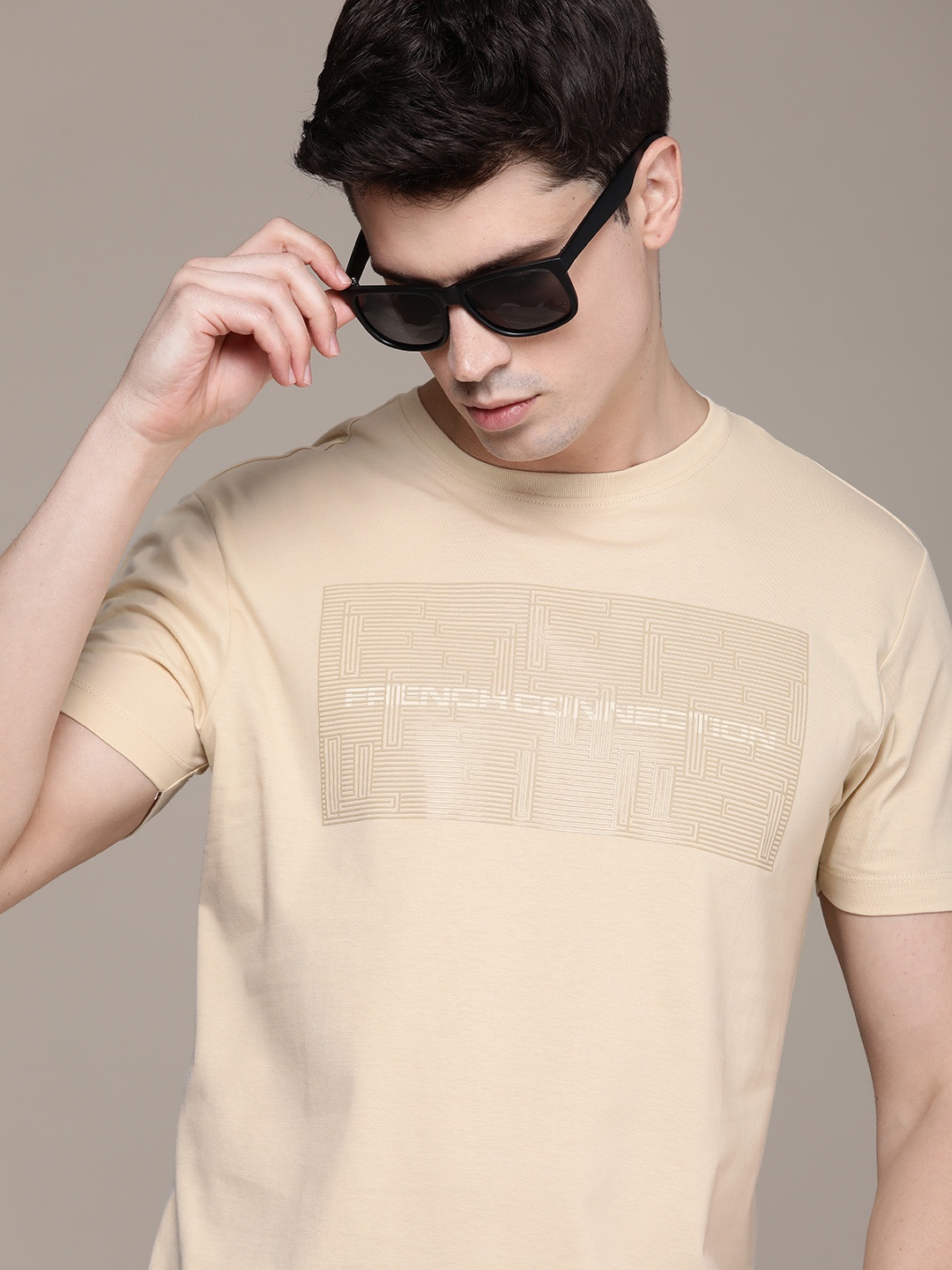 

French Connection Pure Cotton Graphic Printed T-shirt, Beige