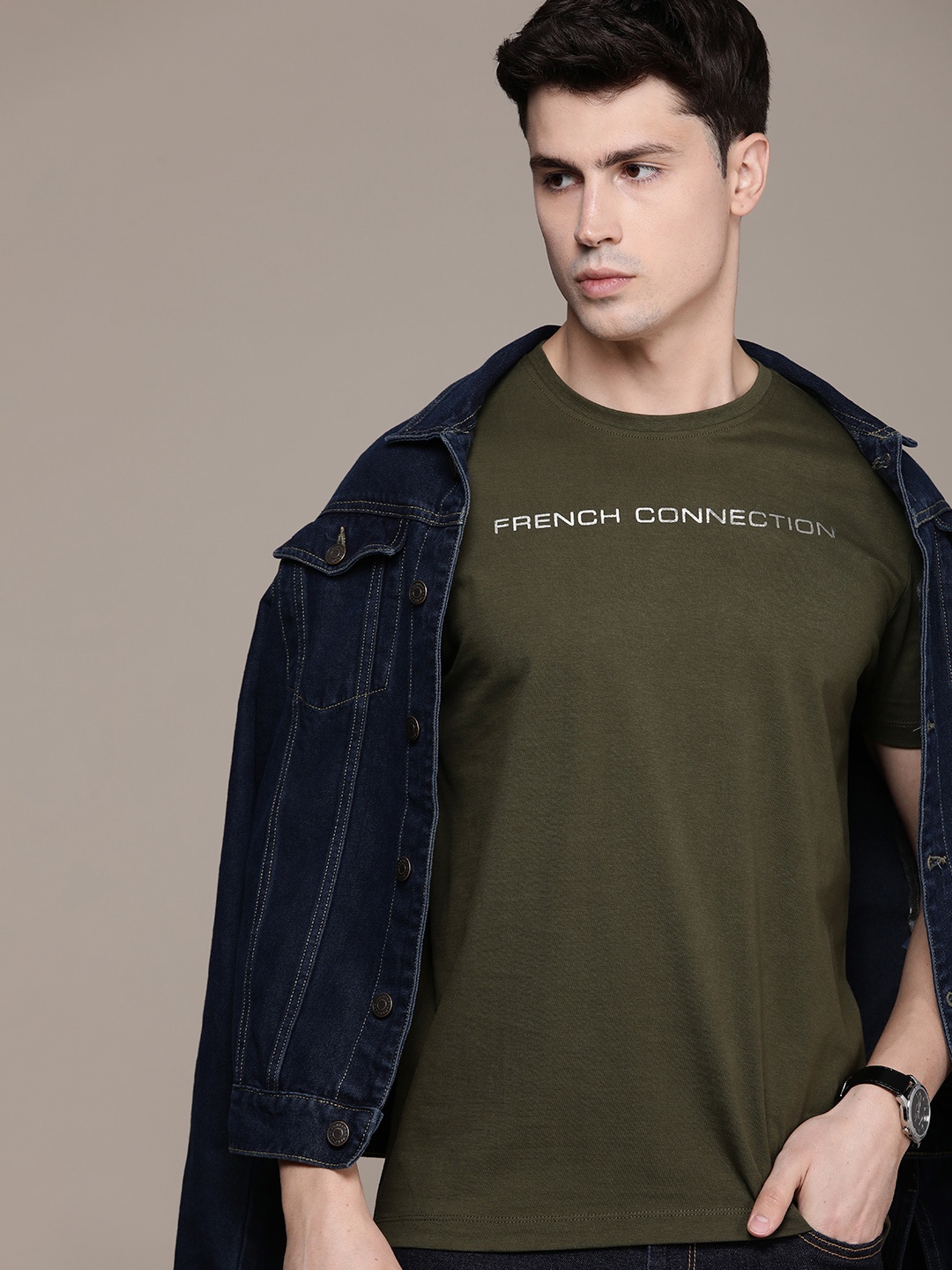 

French Connection Pure Cotton Brand Logo Printed Oversized T-shirt, Olive