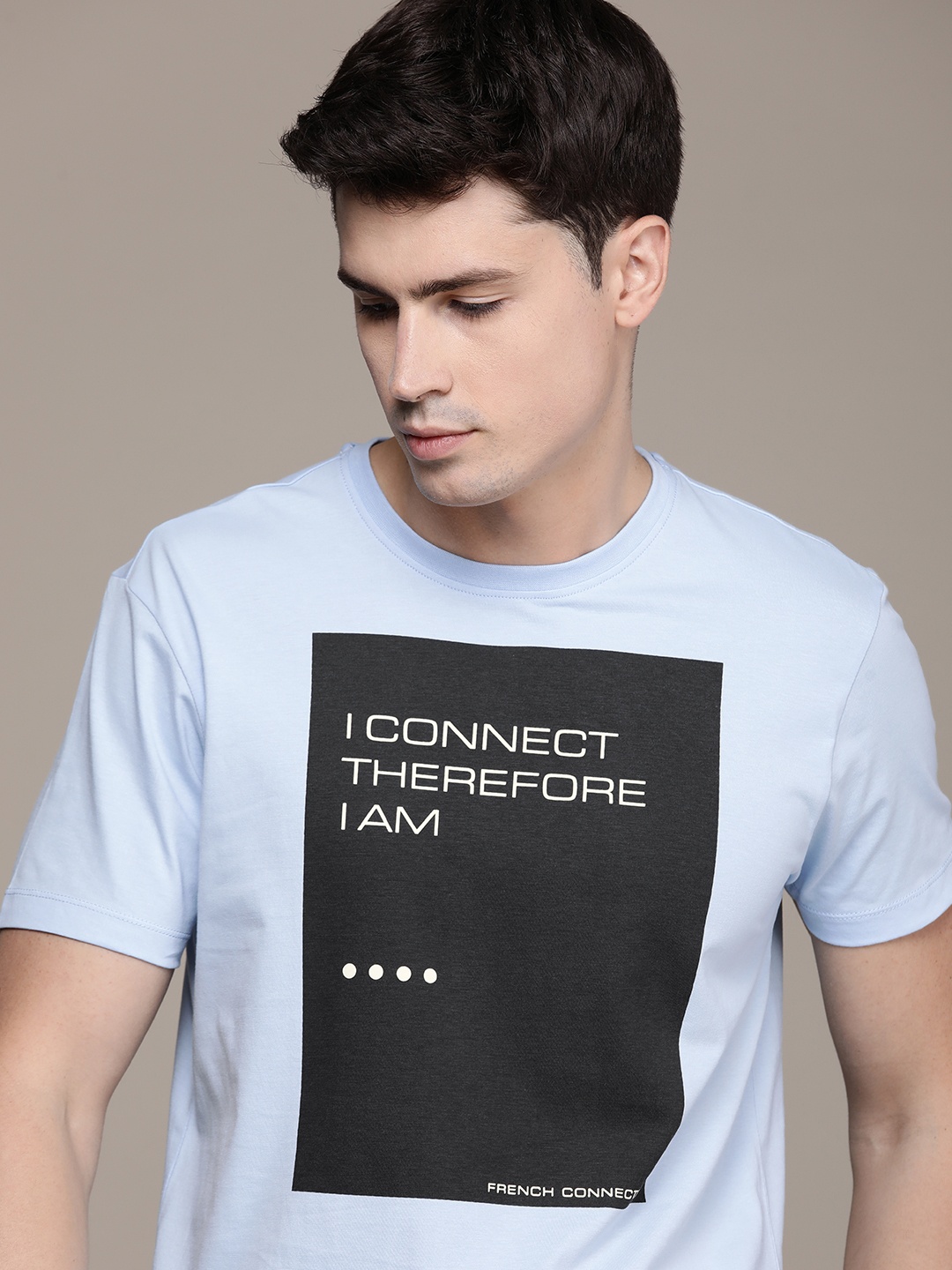 

French Connection Pure Cotton Typography Printed Oversized T-shirt, Blue