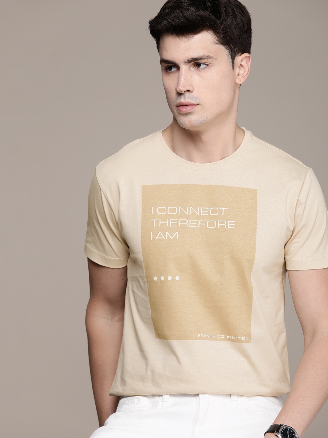

French Connection Pure Cotton Typography Printed Oversized T-shirt, Beige