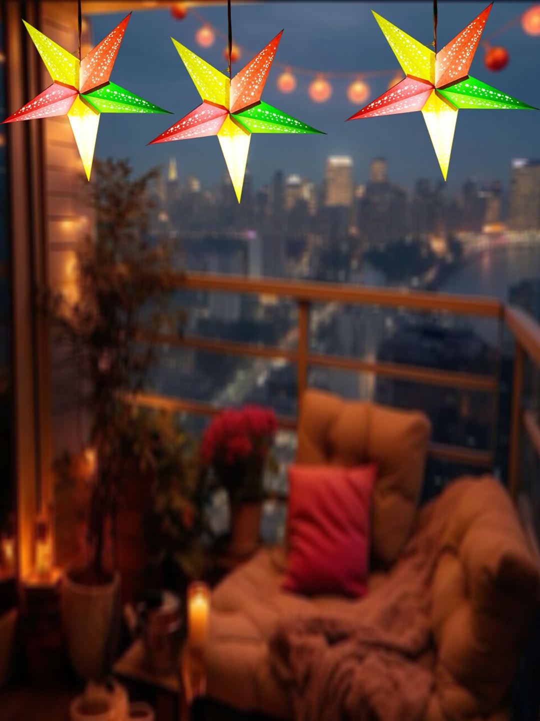 ME & YOU Yellow & Green 3 Pieces Christmas Decorative Hanging Stars