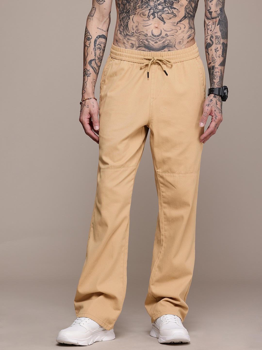 

The Roadster Life Co. Pure Cotton Joggers Trousers, Beige