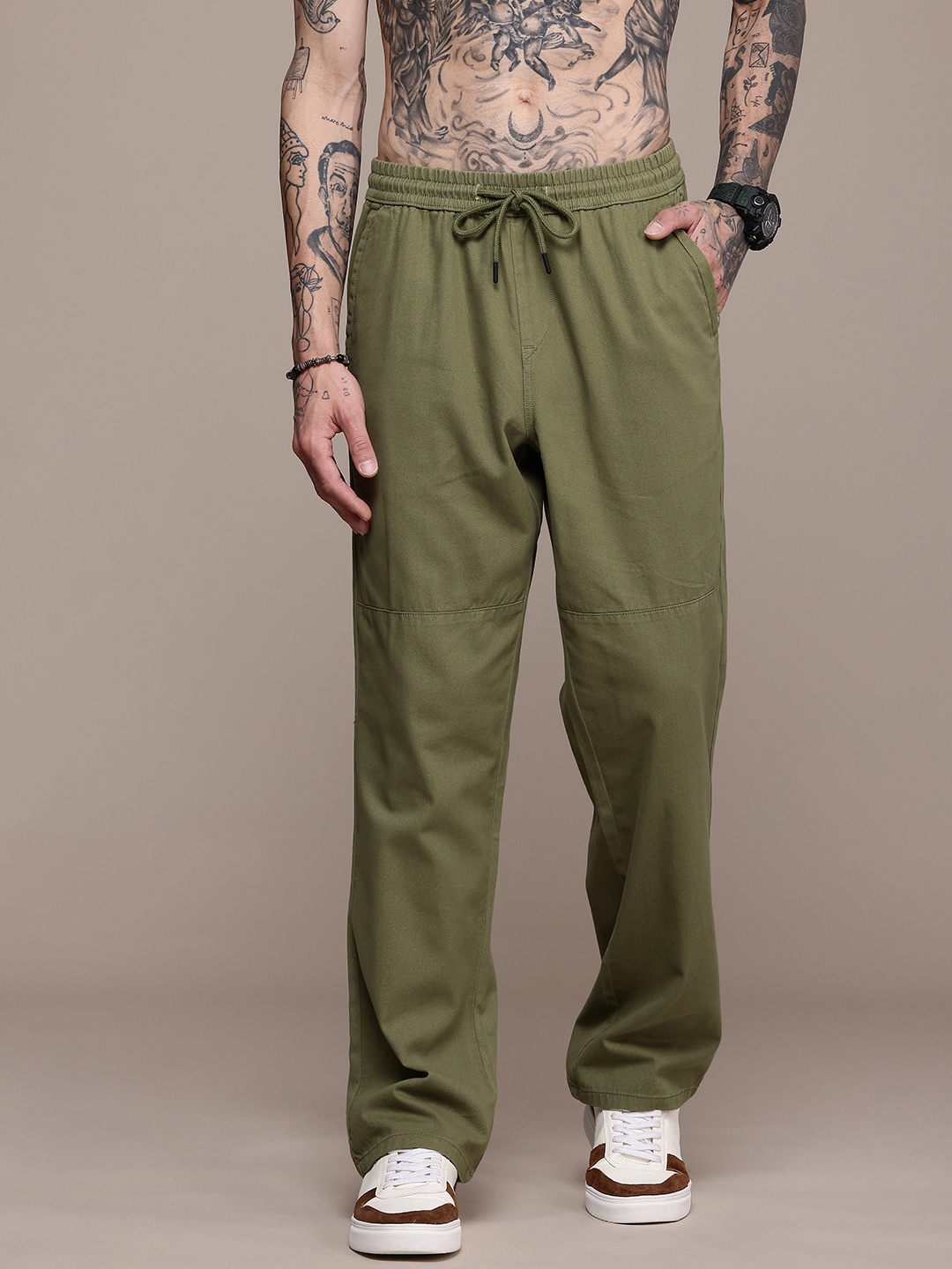 

The Roadster Life Co. Pure Cotton Joggers Trousers, Olive