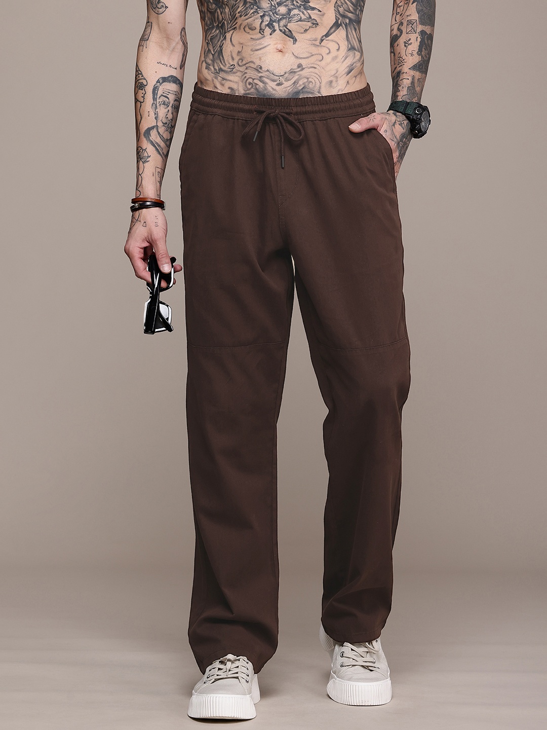 

The Roadster Life Co. Pure Cotton Joggers Trousers, Brown