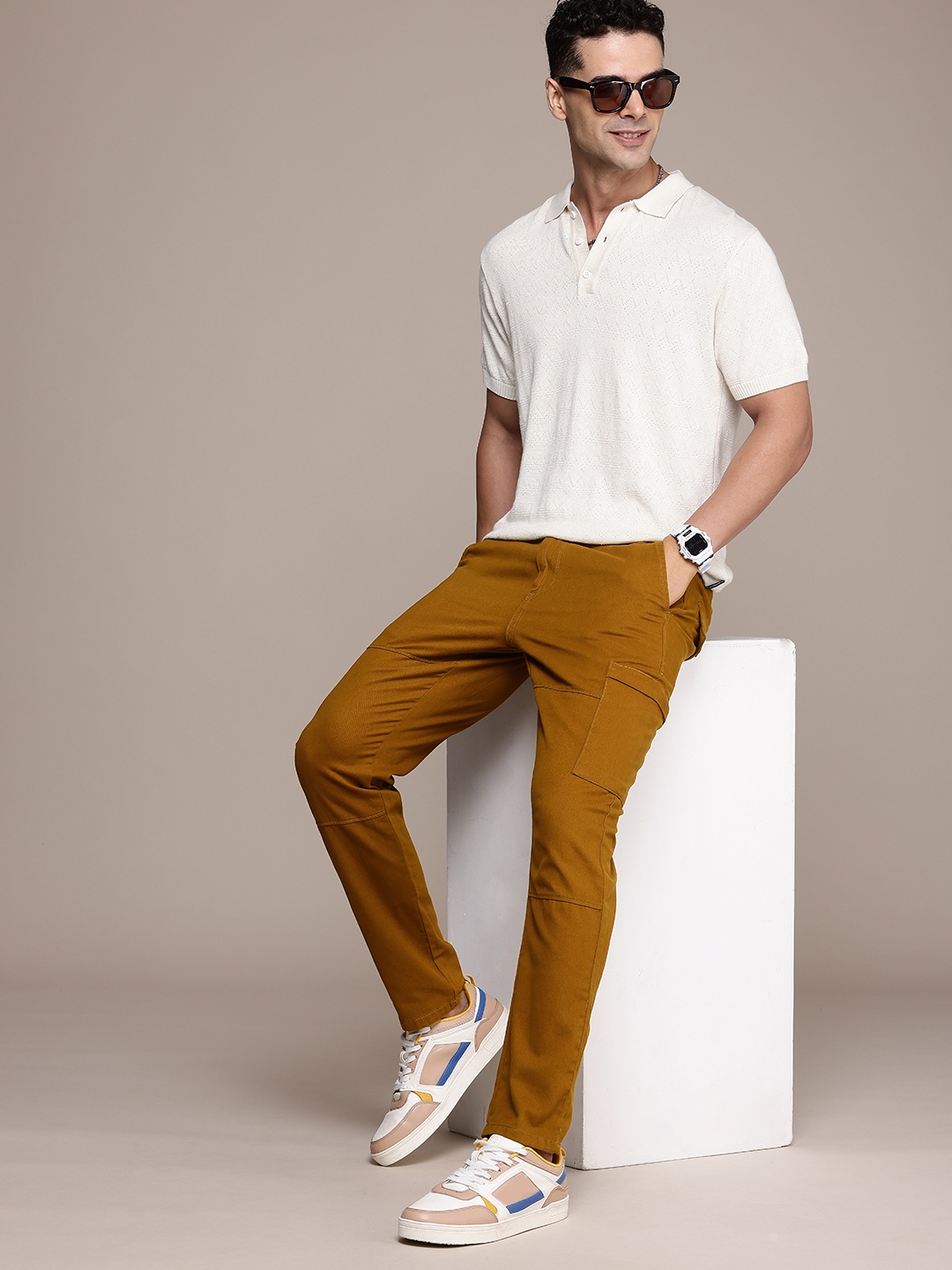 

The Roadster Life Co. Men Pure Cotton Slim Tapered Fit Chinos Trousers, Mustard